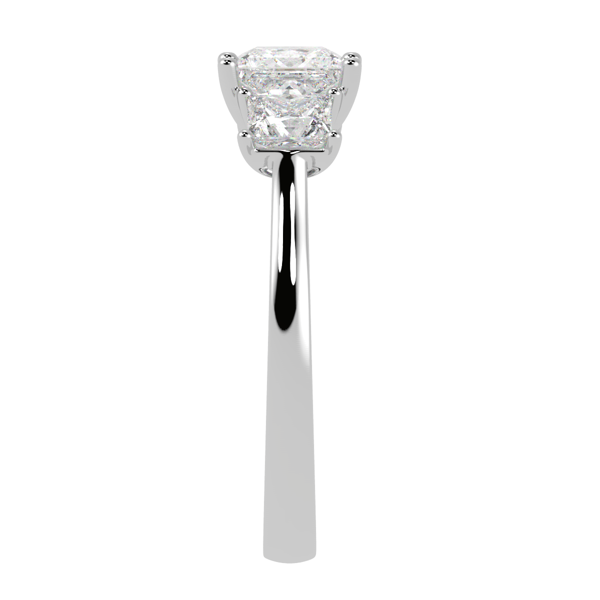 Princess Cut Trilogy Ring in white gold or platinum, side view