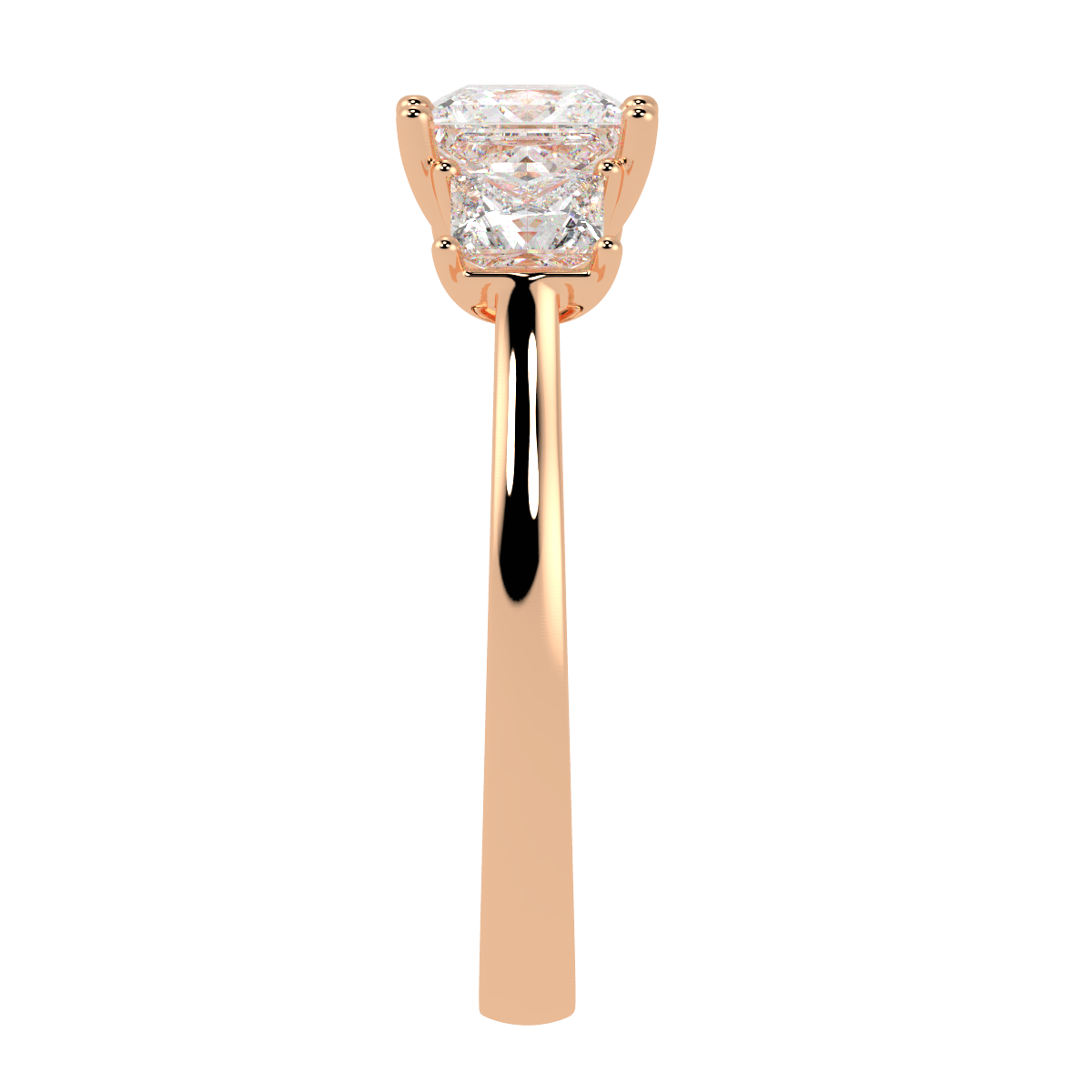 Princess Cut Trilogy Ring in rose gold, side view