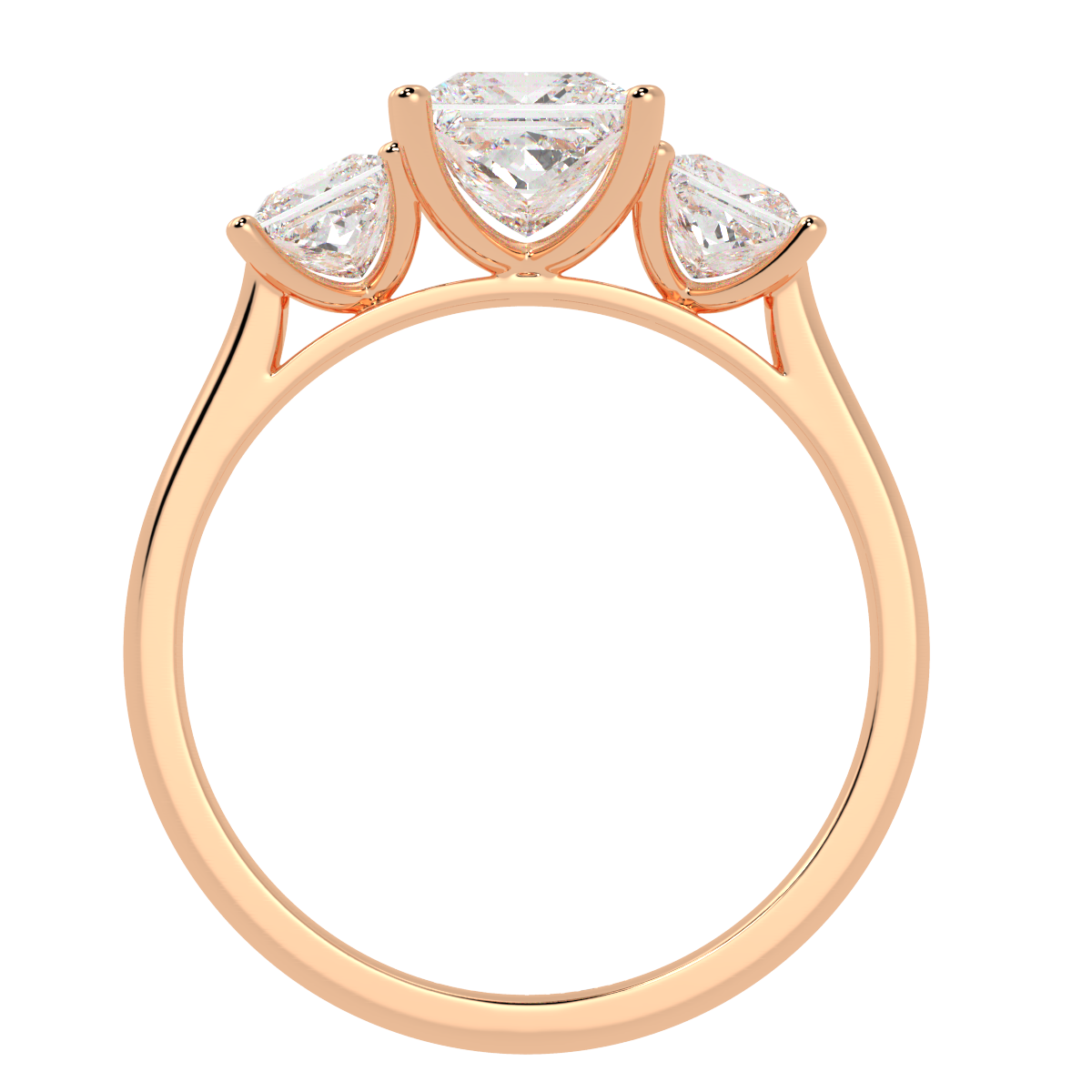 Princess Cut Trilogy Ring in rose gold, flat view