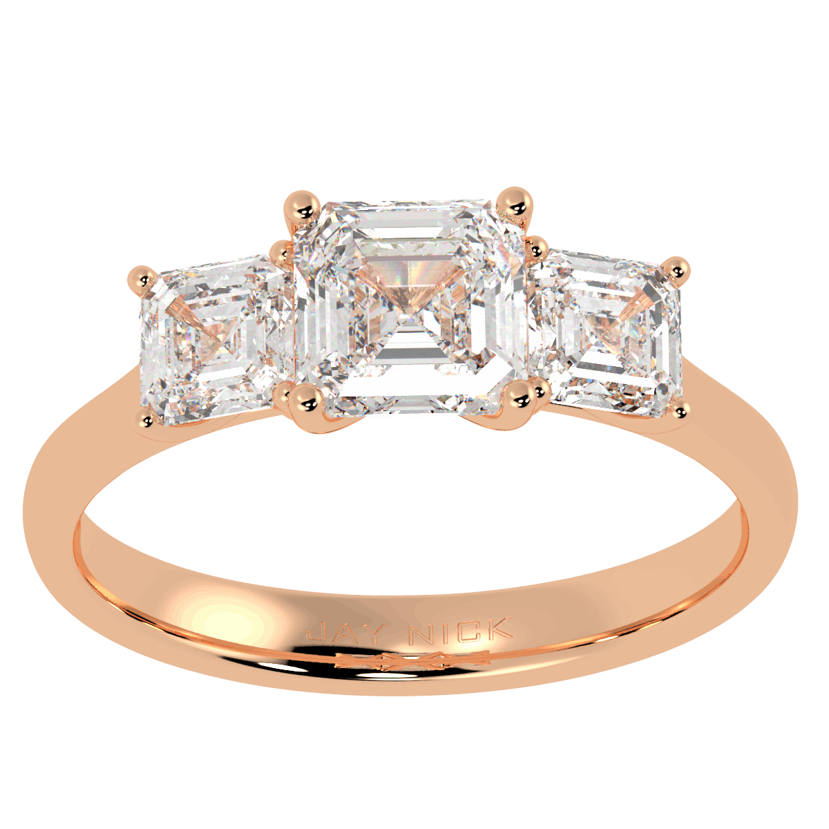 Asscher Cut Trilogy Ring in rose gold, top view