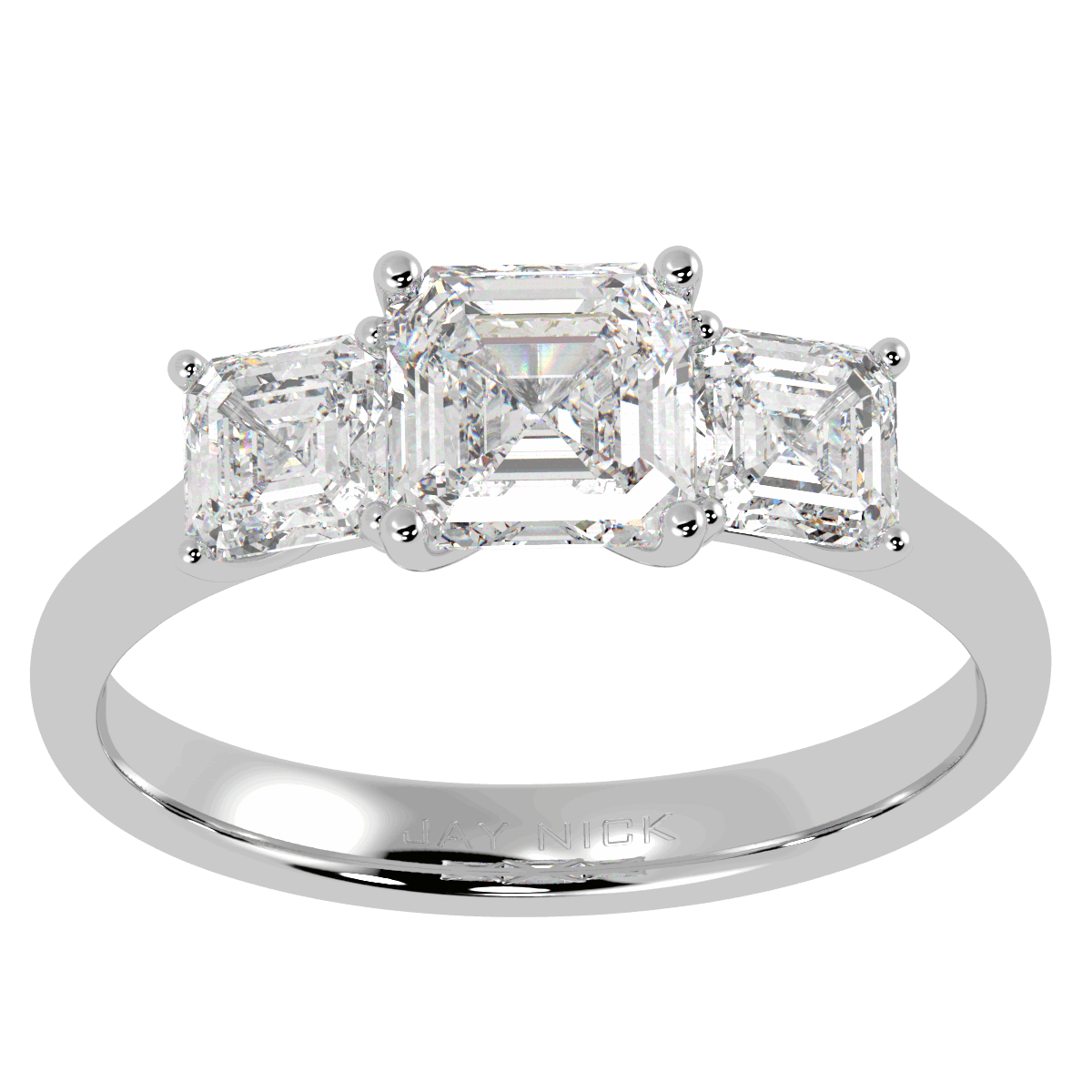 Asscher Cut Trilogy Ring in white gold or platinum, top view