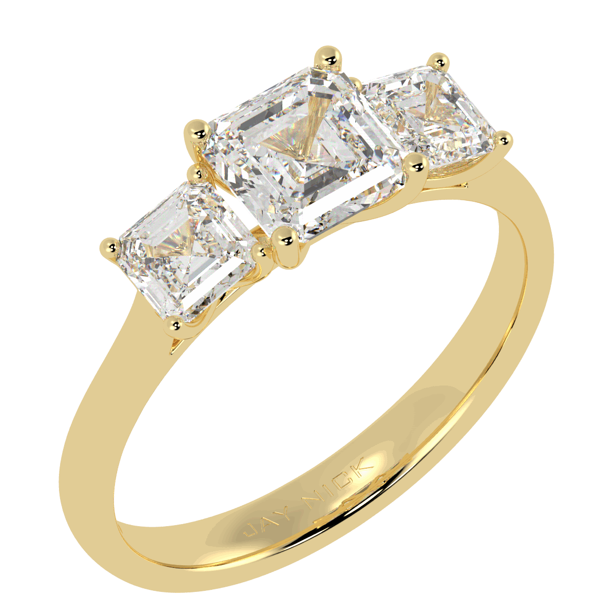 Asscher Cut Trilogy Ring in yellow gold, perspective view