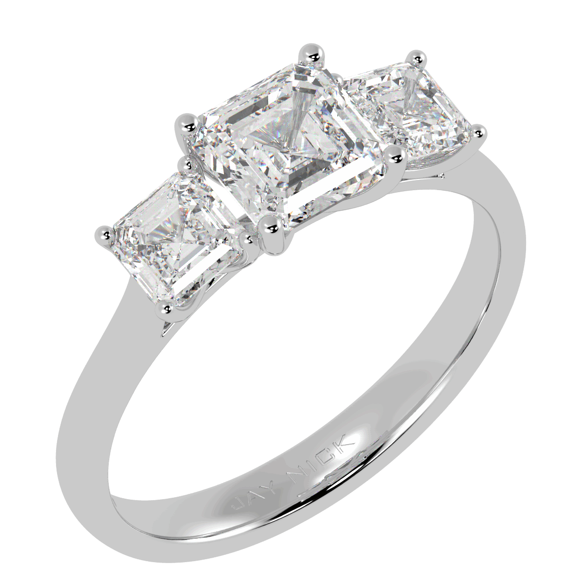 Asscher Cut Trilogy Ring in white gold or platinum, perspective view