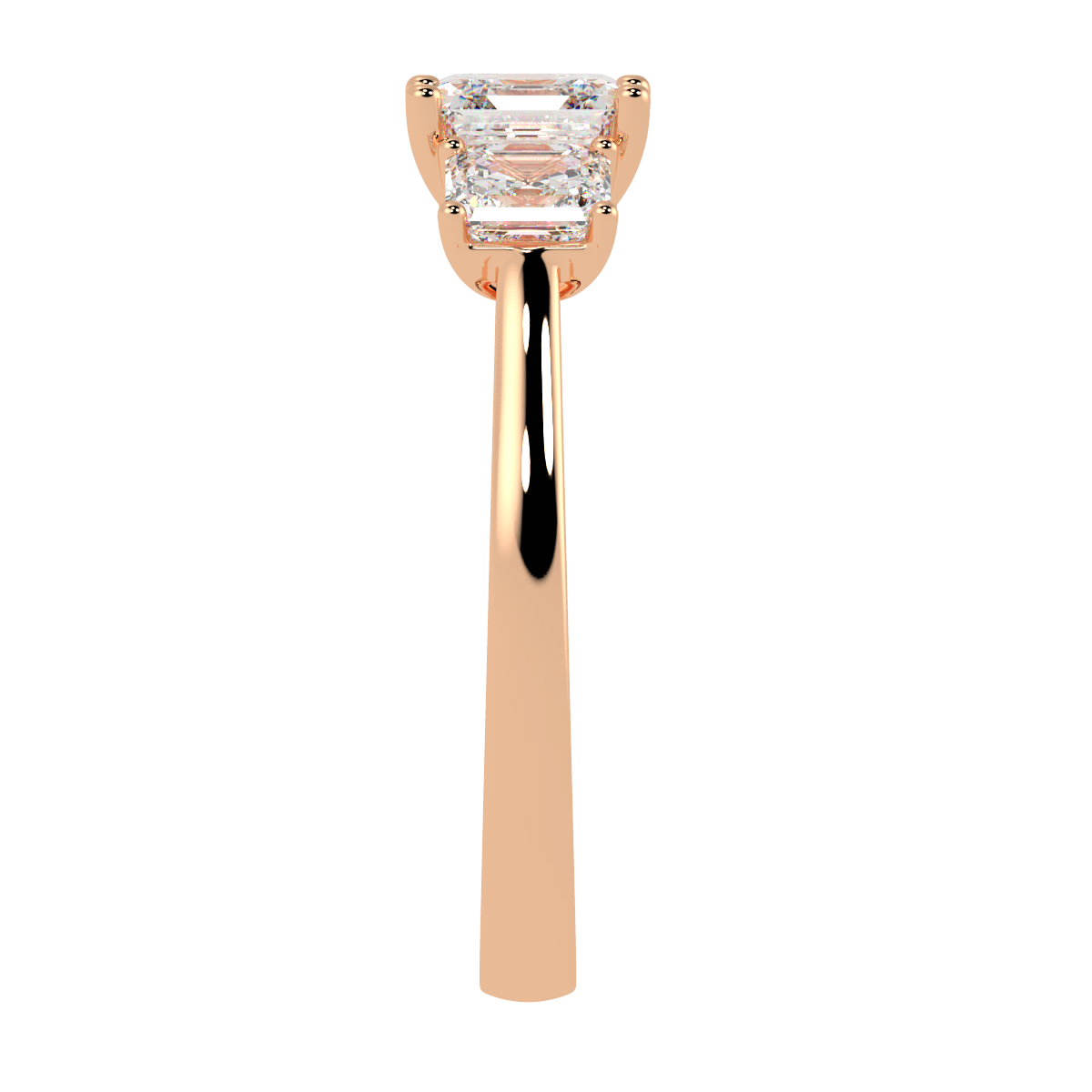 Asscher Cut Trilogy Ring in rose gold, side view
