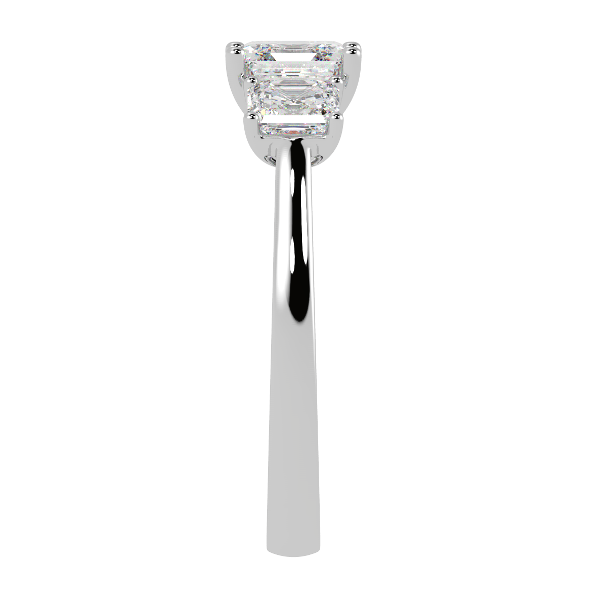 Asscher Cut Trilogy Ring in white gold or platinum, side view