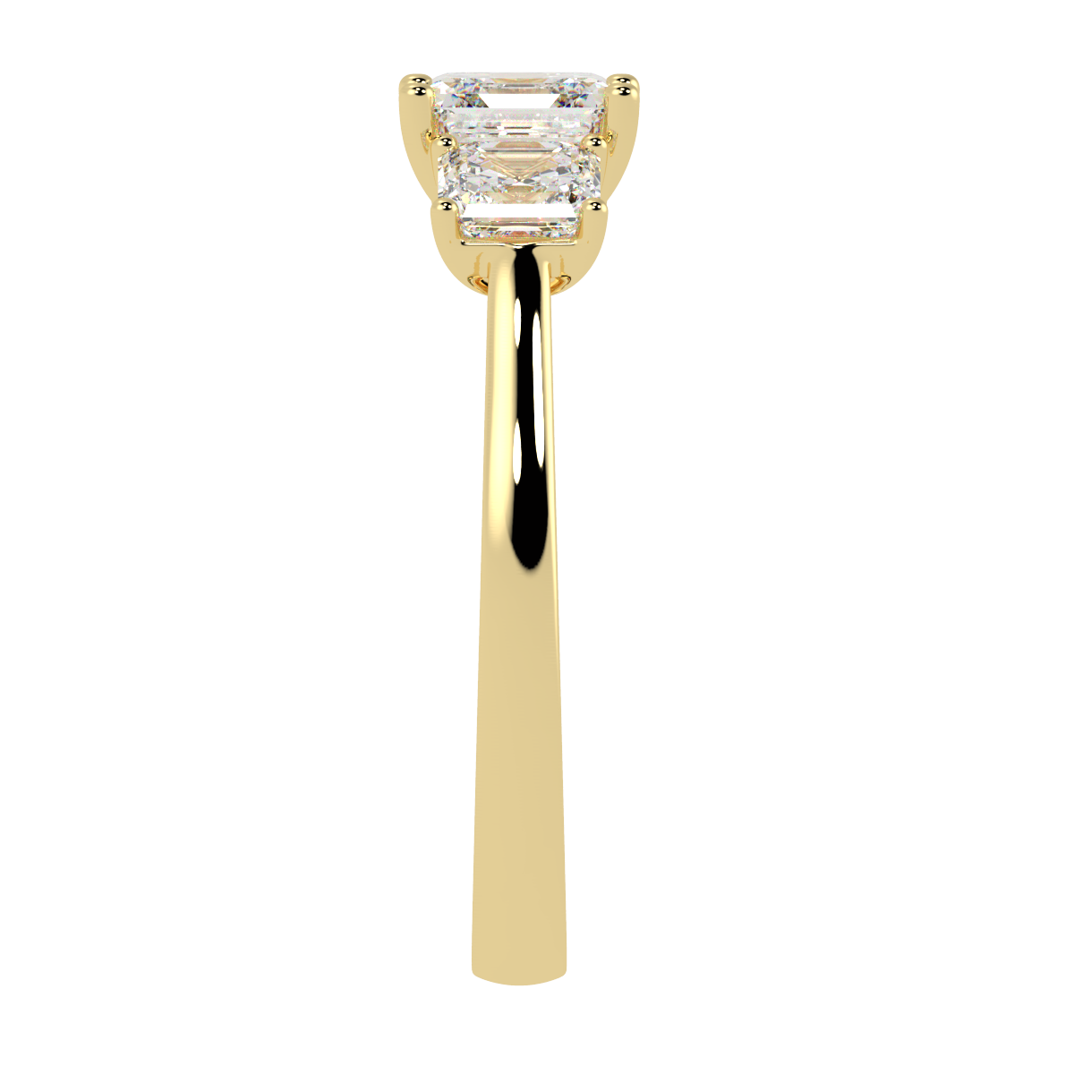 Asscher Cut Trilogy Ring in yellow gold, side view
