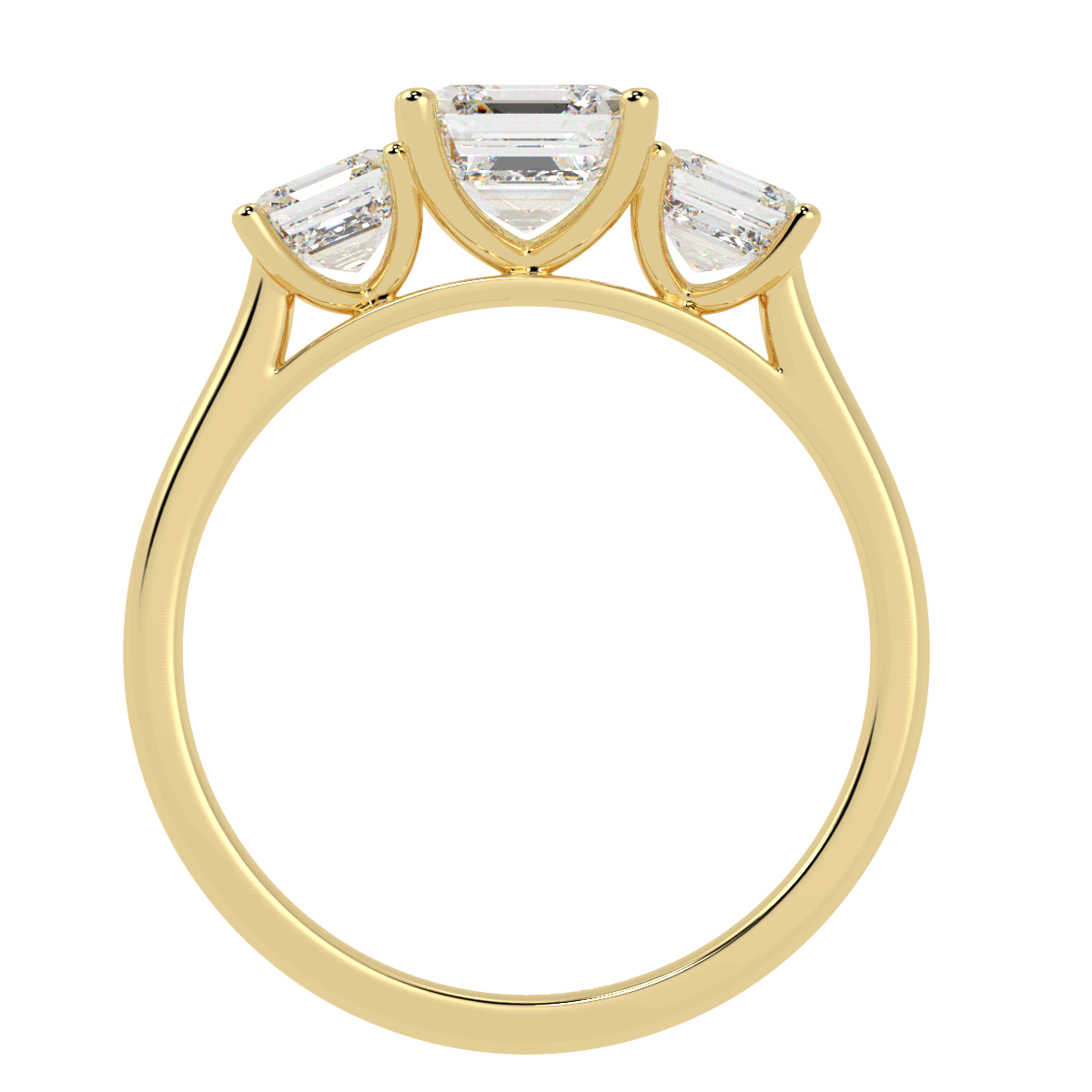 Asscher Cut Trilogy Ring in yellow gold, flat view