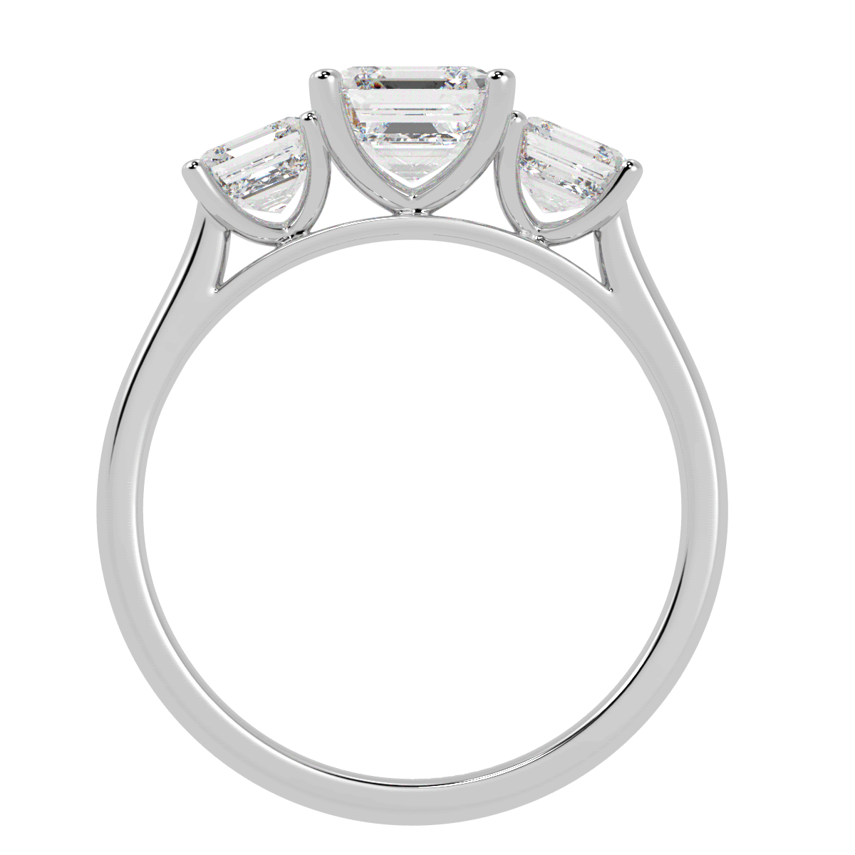Asscher Cut Trilogy Ring in white gold or platinum, flat view
