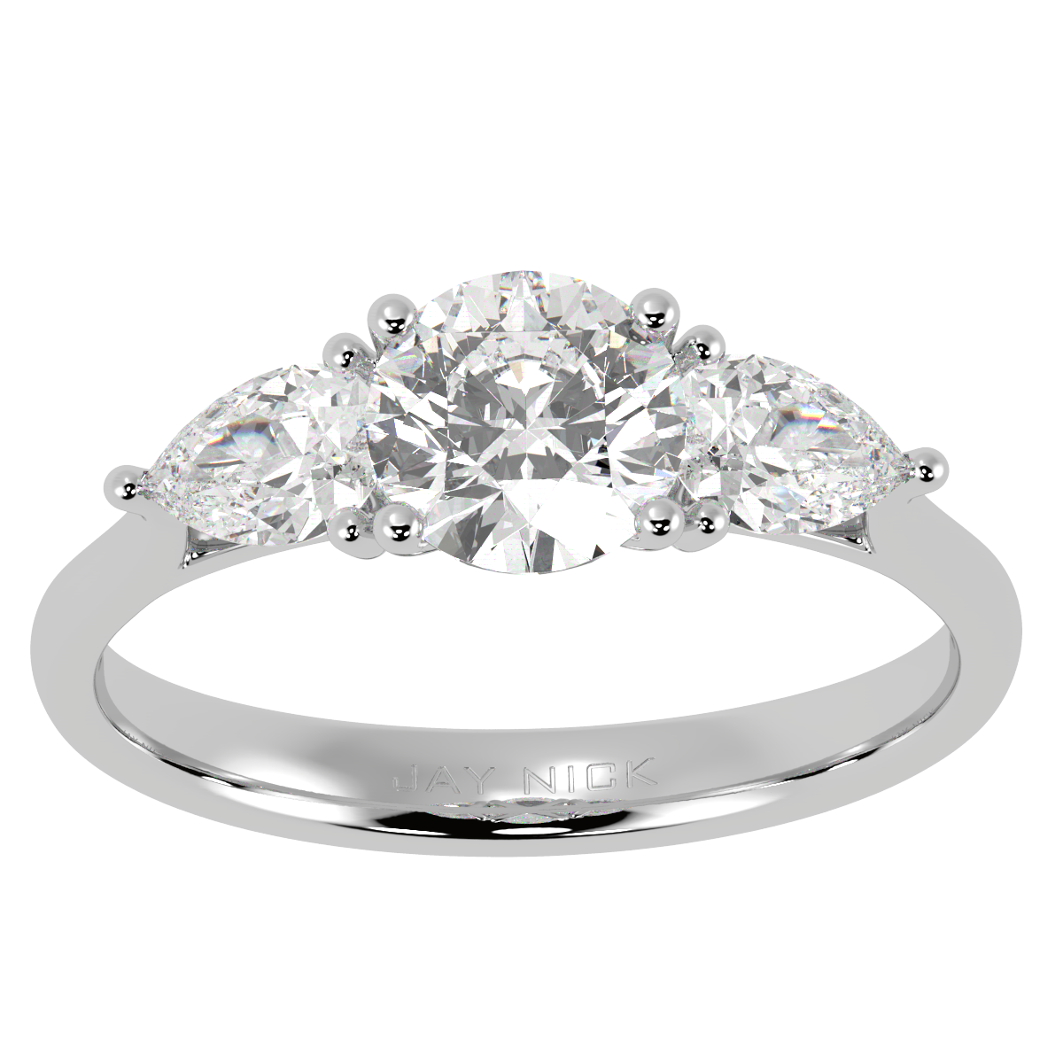 Round &amp; Pear Three Stone Ring in white gold or platinum, top view