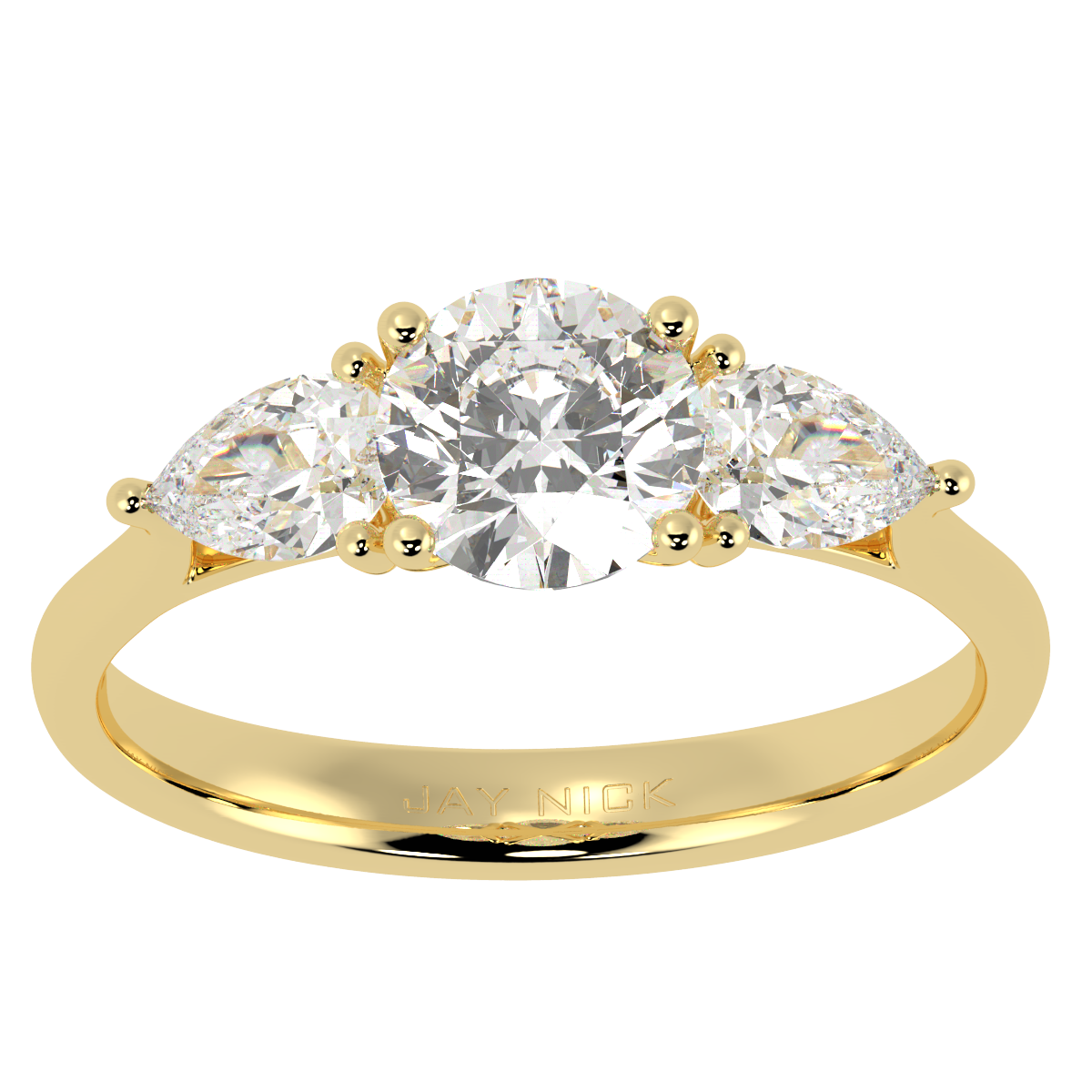 Round &amp; Pear Three Stone Ring in yellow gold, top view