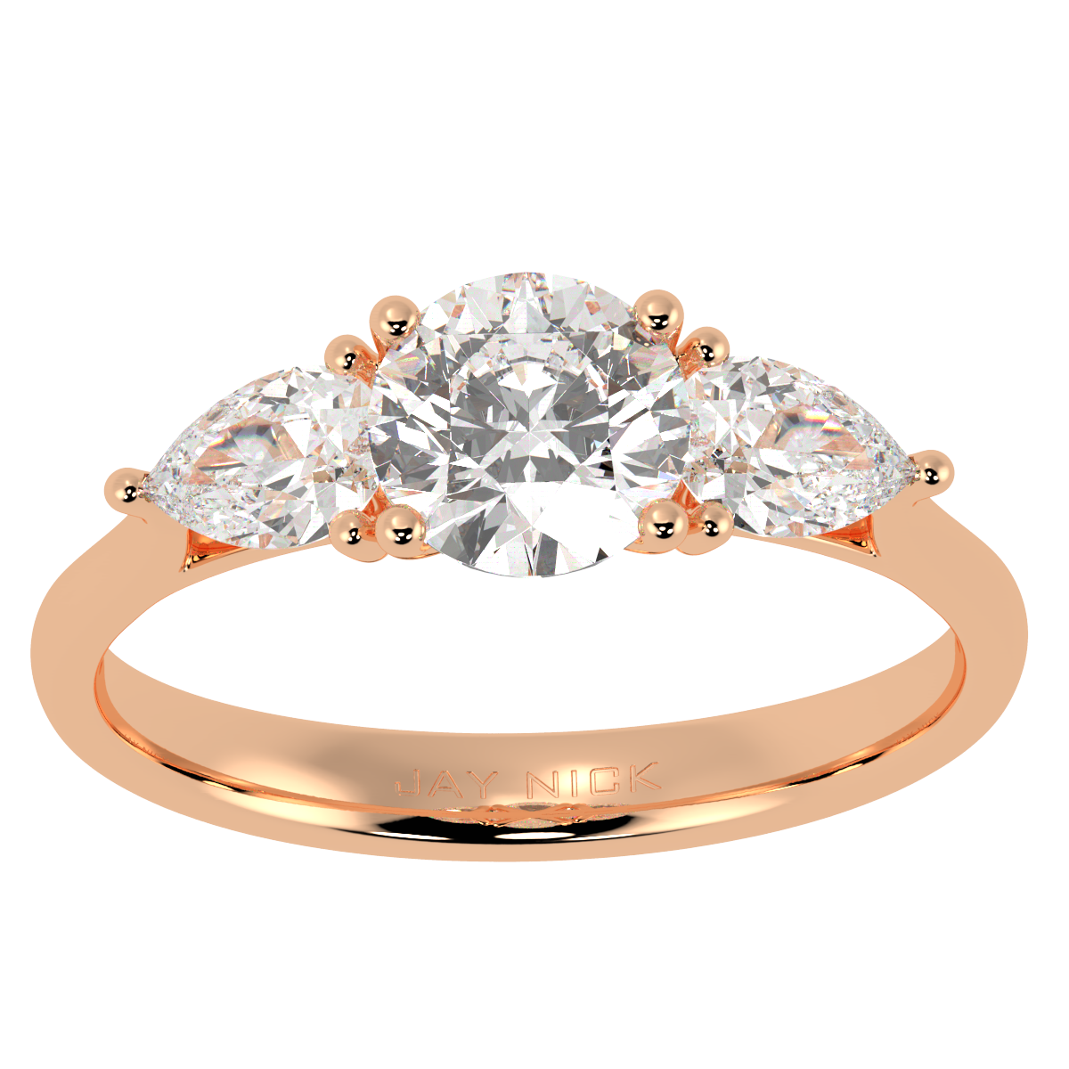 Round &amp; Pear Three Stone Ring in rose gold, top view