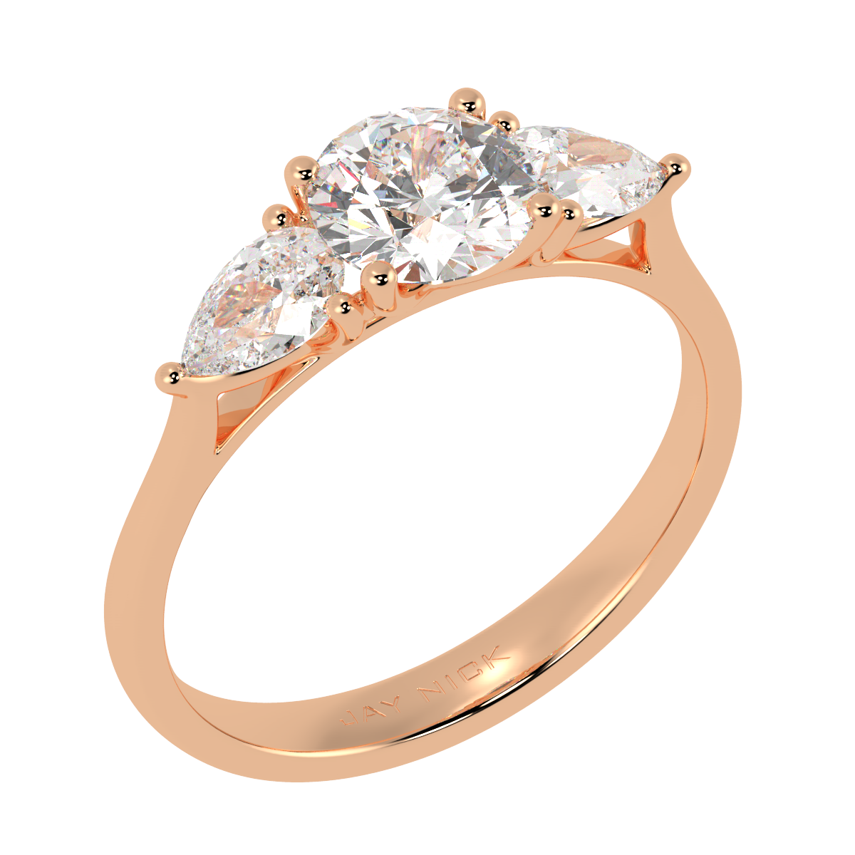 Round &amp; Pear Three Stone Ring in rose gold, perspective view