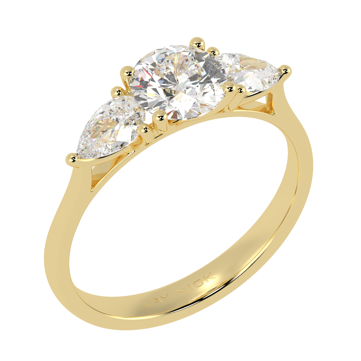 Round &amp; Pear Three Stone Ring in yellow gold, perspective view