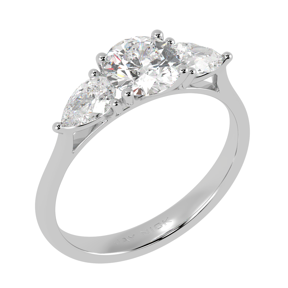 Round &amp; Pear Three Stone Ring in white gold or platinum, perspective view
