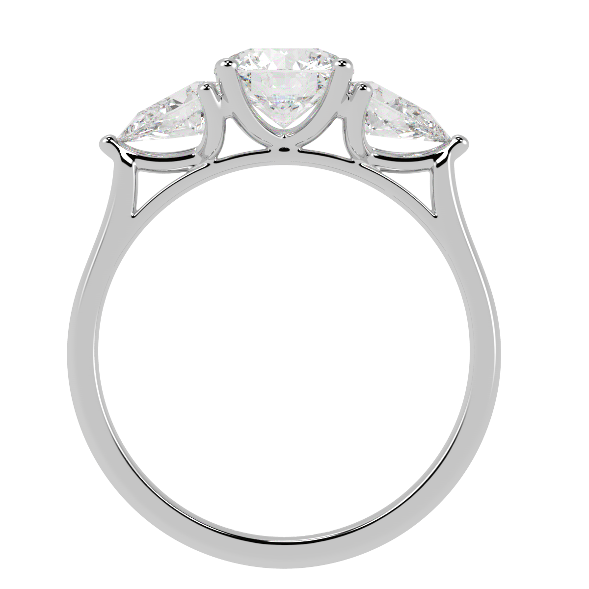 Round &amp; Pear Three Stone Ring in white gold or platinum, flat view