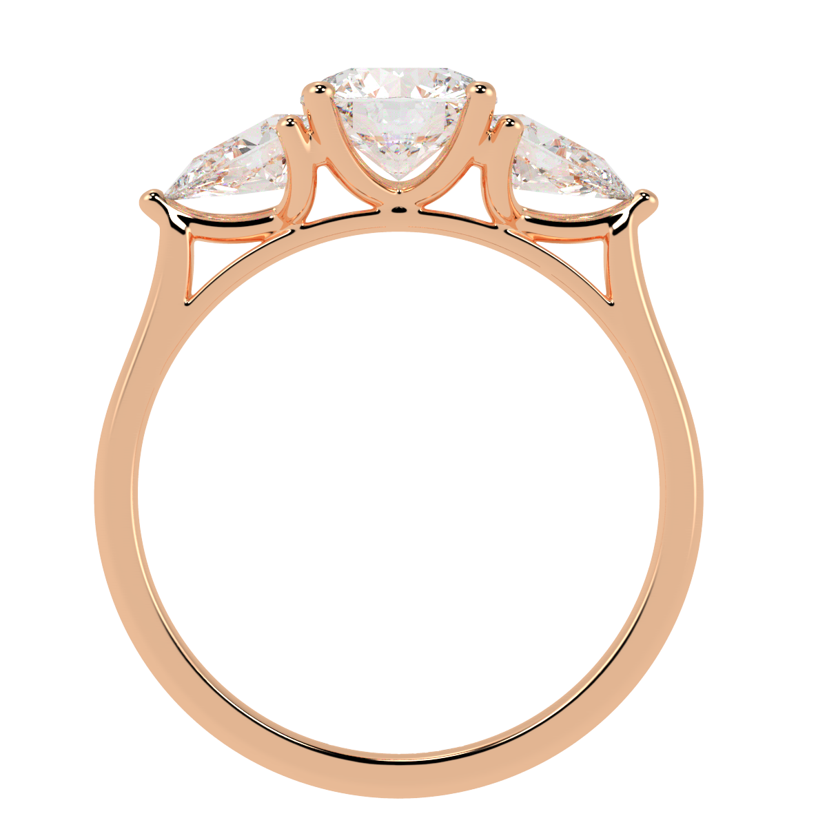 Round &amp; Pear Three Stone Ring in rose gold, flat view