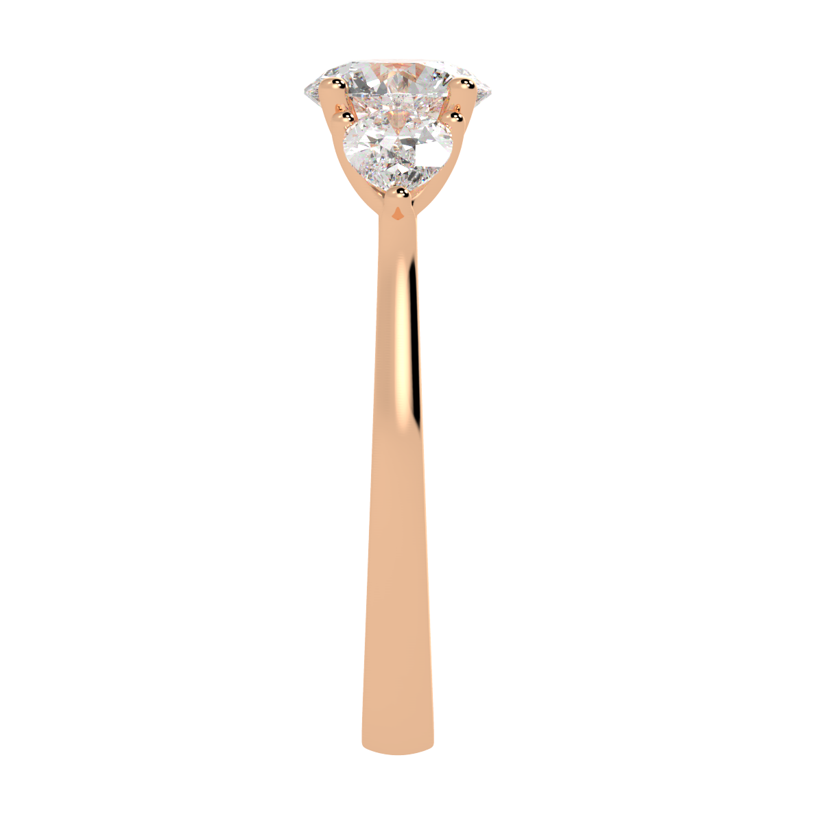 Round &amp; Pear Three Stone Ring in rose gold, side view