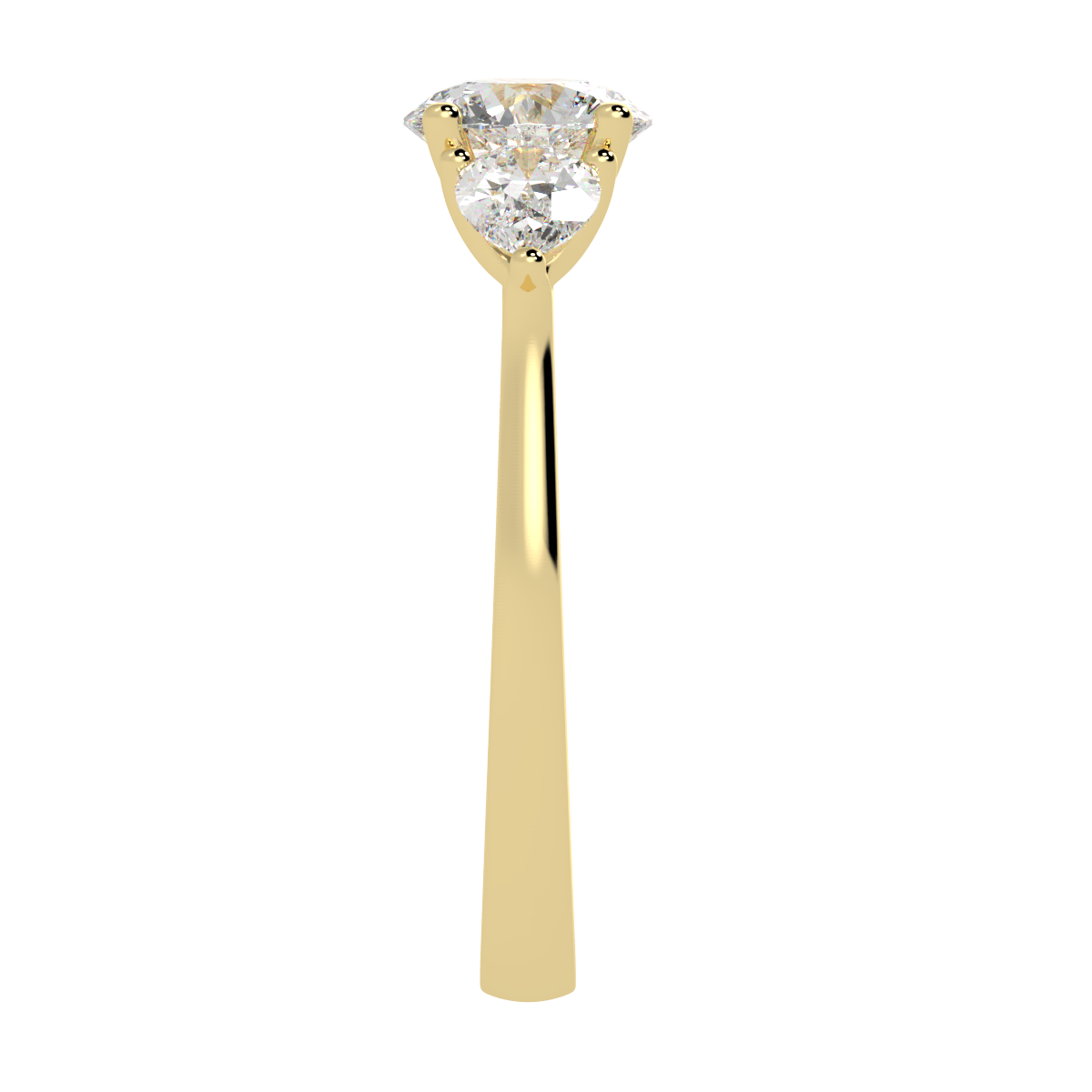 Round &amp; Pear Three Stone Ring in yellow gold, side view