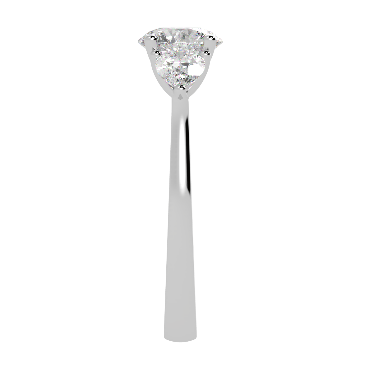 Round &amp; Pear Three Stone Ring in white gold or platinum, side view