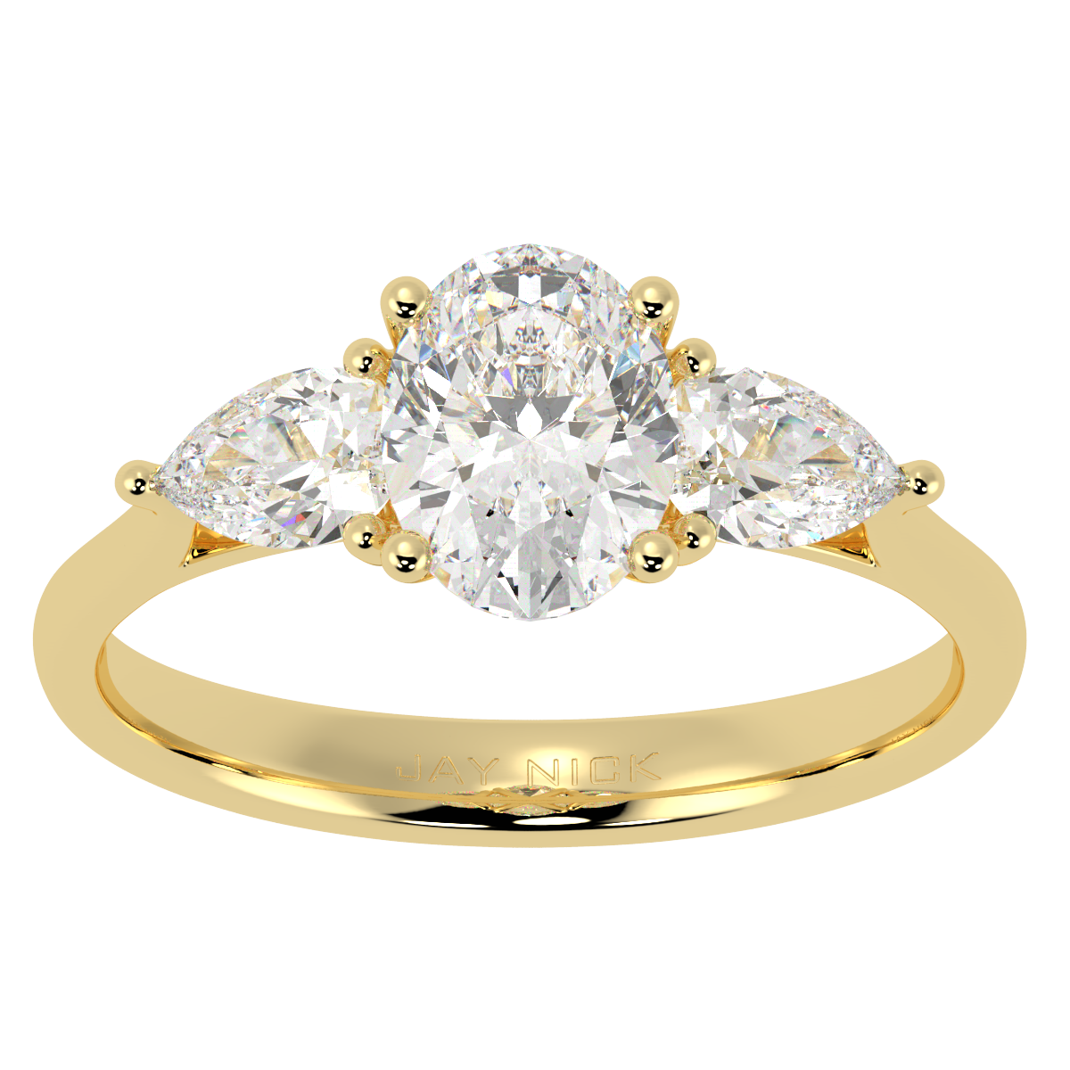 Oval &amp; Pear Three Stone Ring in yellow gold, top view