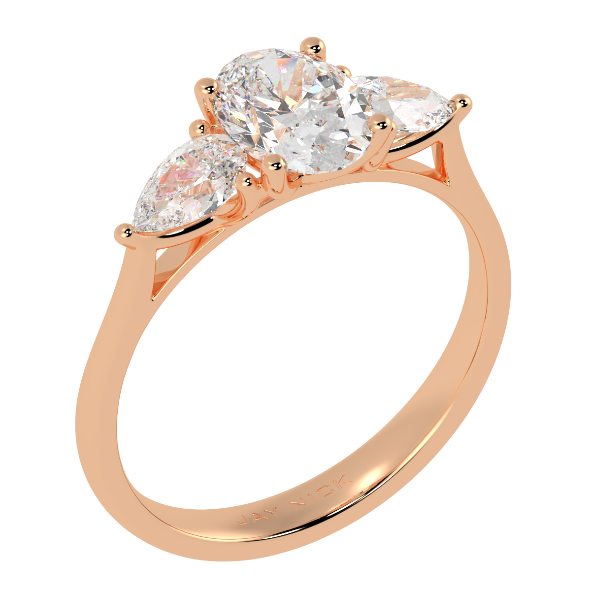 Oval &amp; Pear Three Stone Ring in rose gold, perspective view
