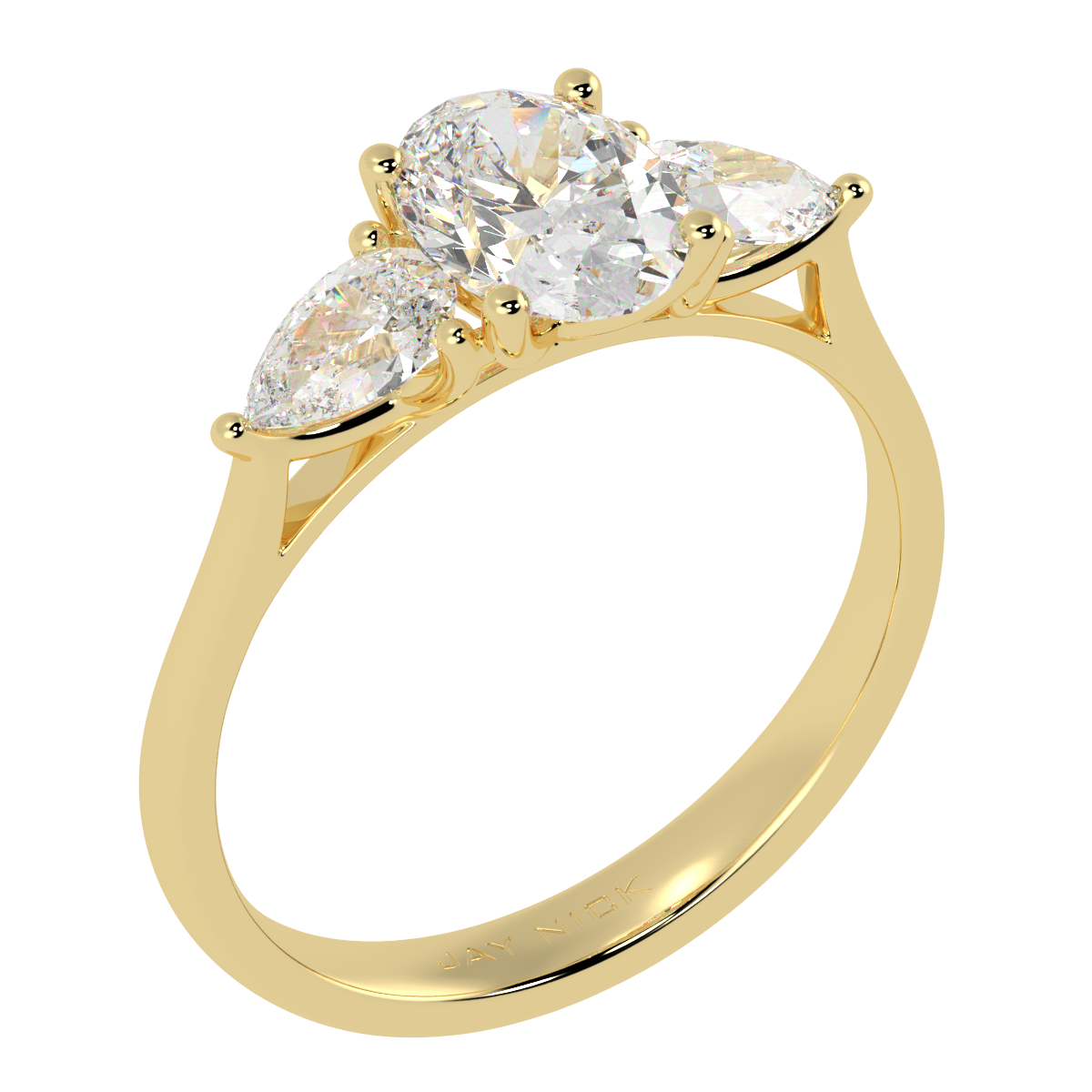Oval &amp; Pear Three Stone Ring in yellow gold, perspective view