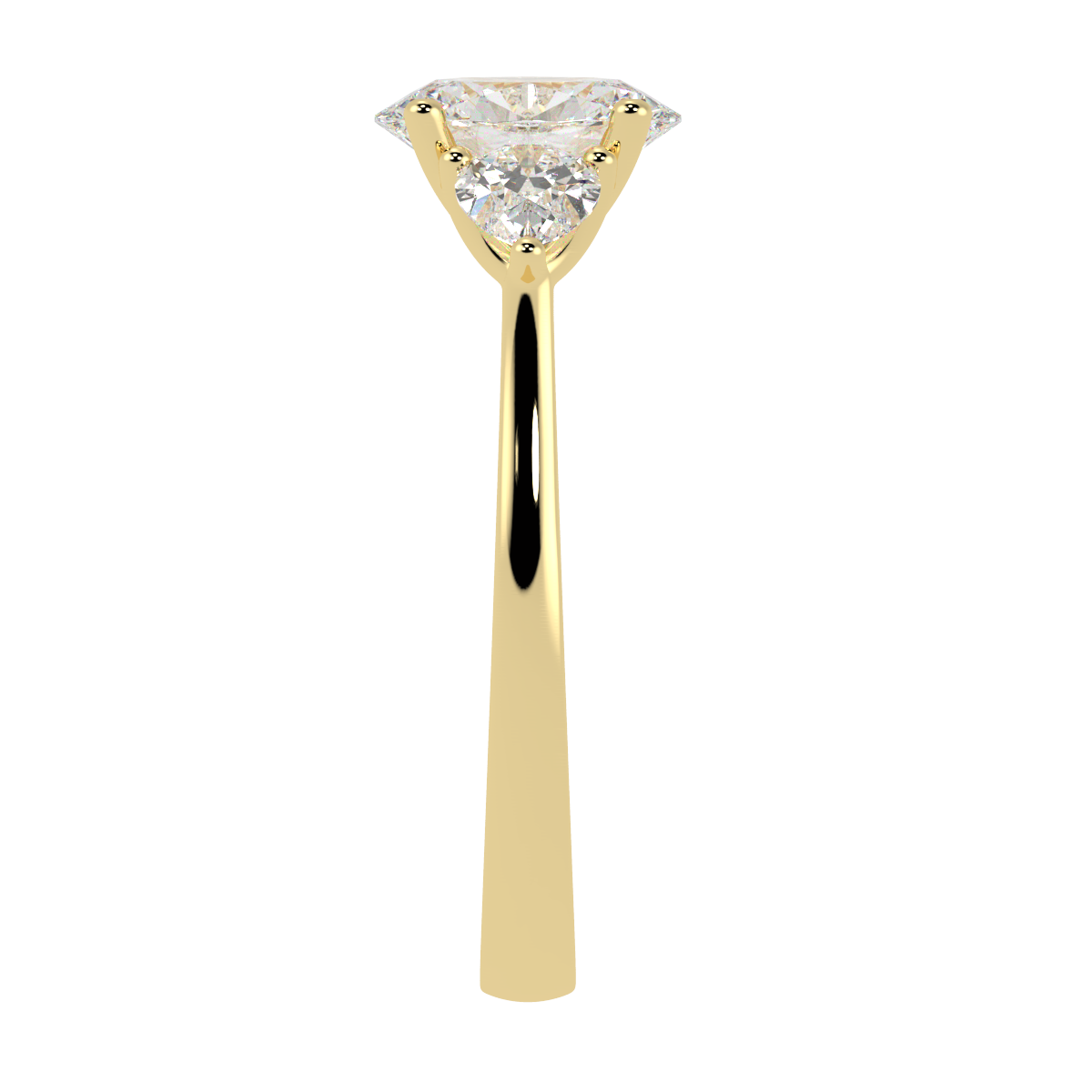 Oval &amp; Pear Three Stone Ring in yellow gold, side view