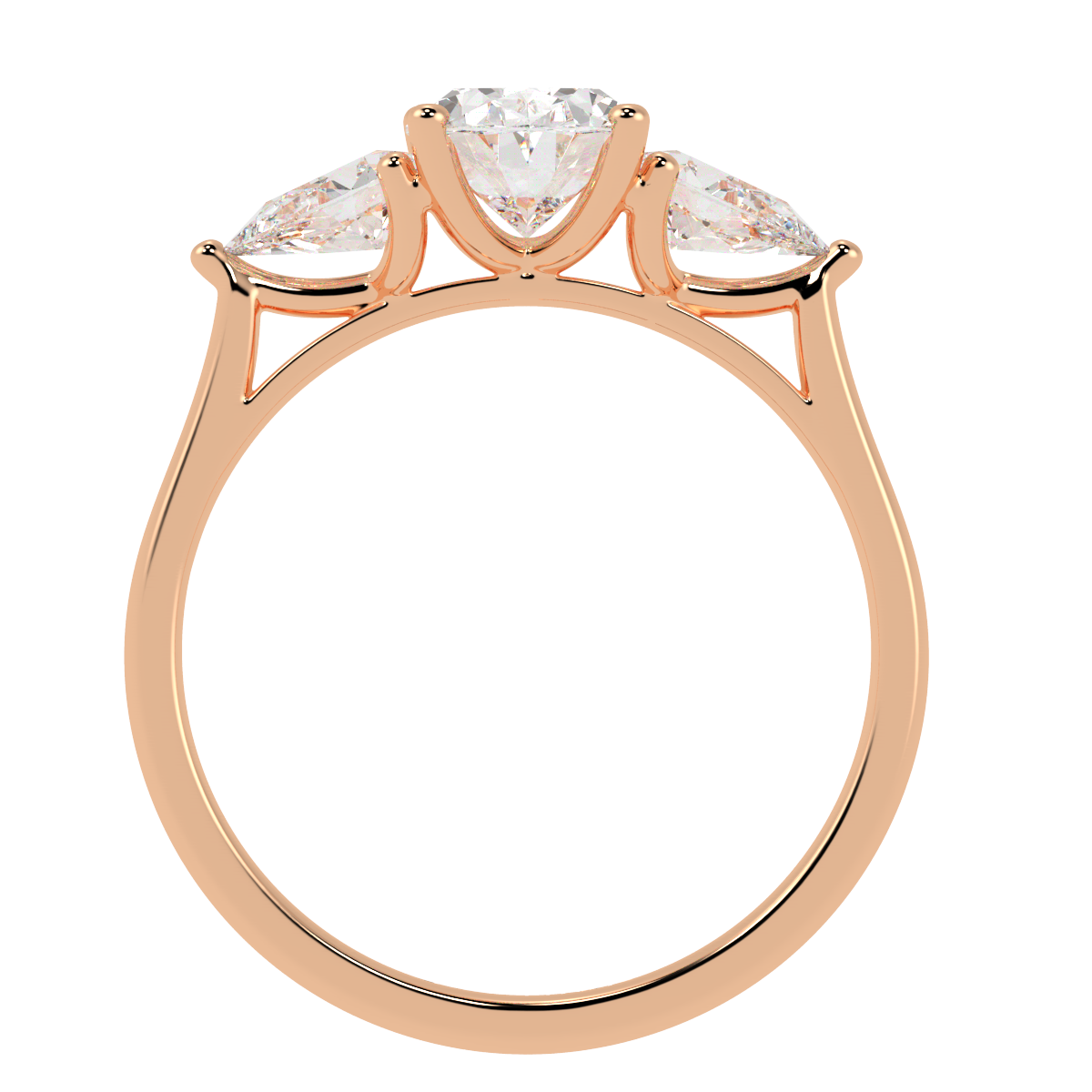 Oval &amp; Pear Three Stone Ring in rose gold, flat view