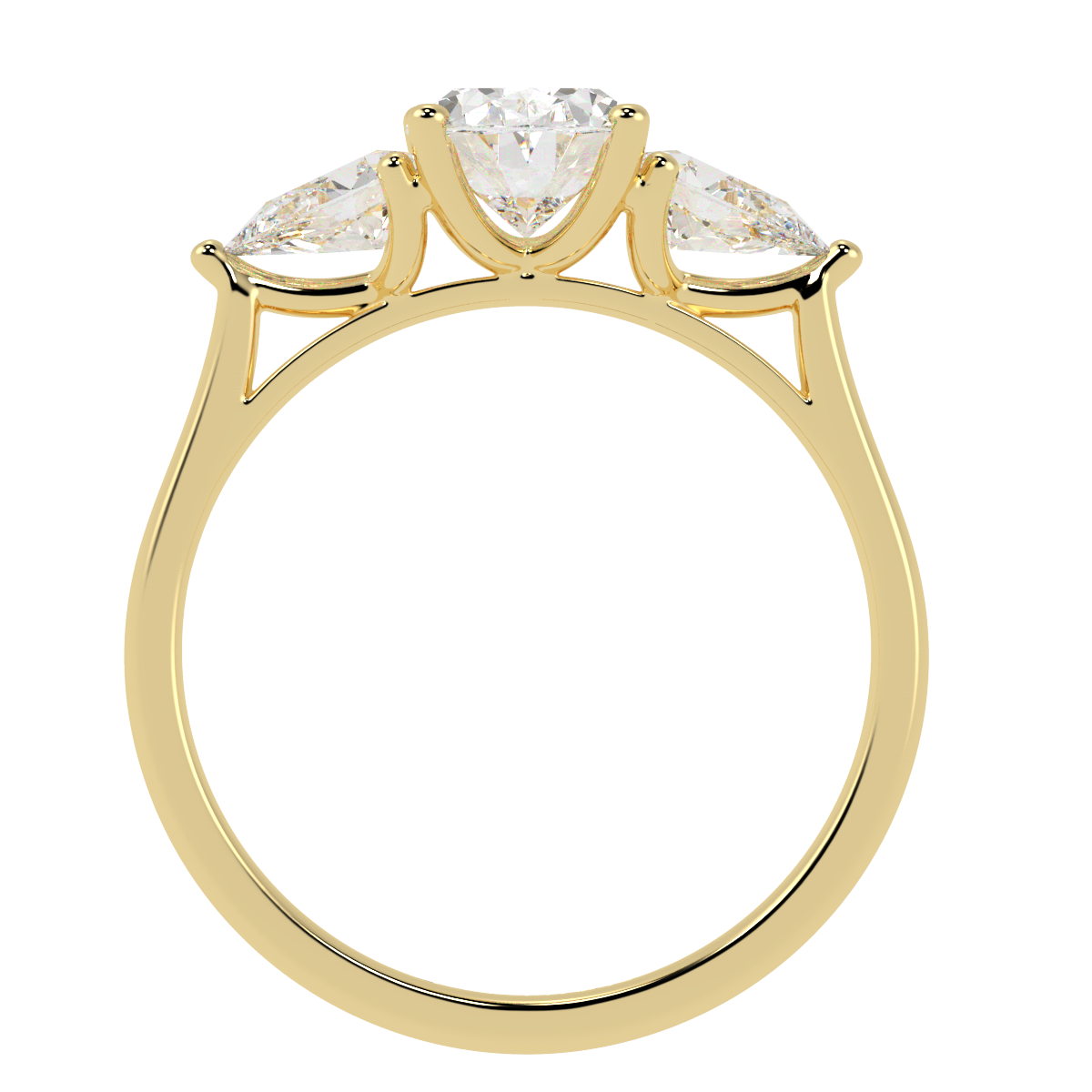 Oval &amp; Pear Three Stone Ring in yellow gold, flat view