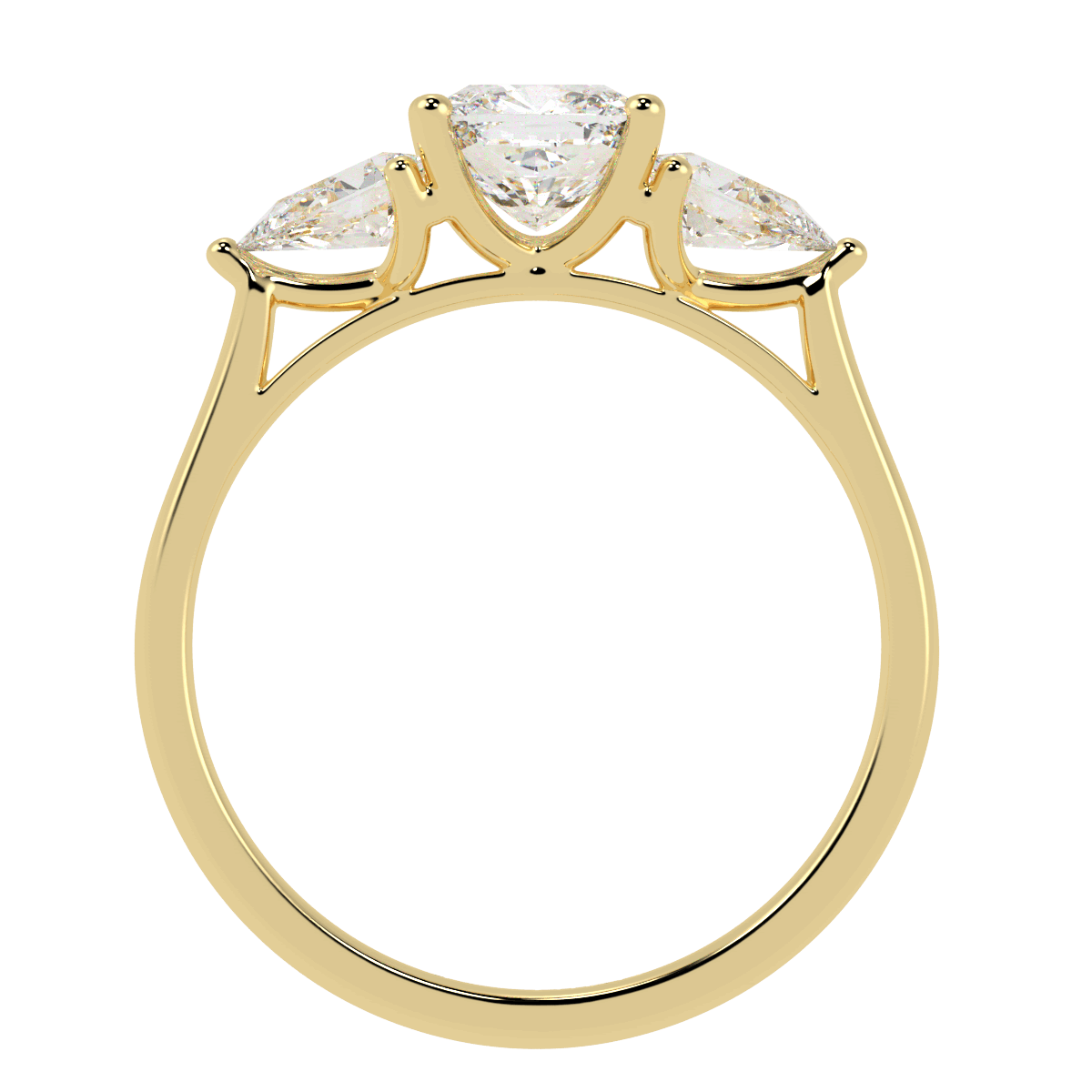 Cushion &amp; Pear Three Stone Ring in yellow gold, flat view