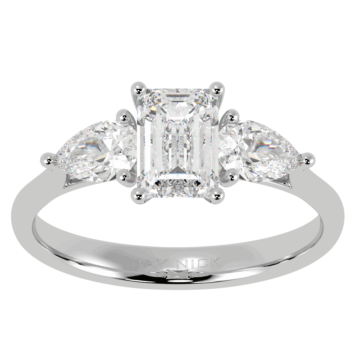 Emerald &amp; Pear Three Stone Ring in white gold or platinum, top view