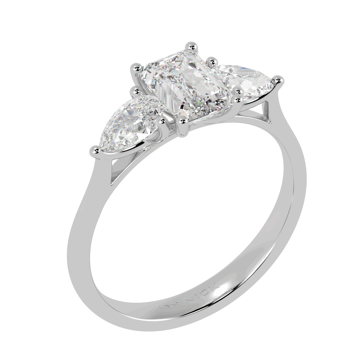 Emerald &amp; Pear Three Stone Ring in white gold or platinum, perspective view