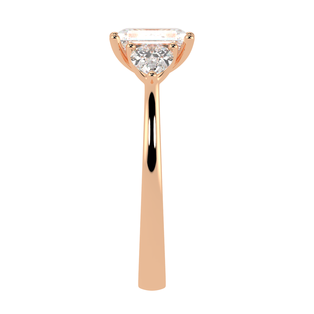 Emerald &amp; Pear Three Stone Ring in rose gold, side view