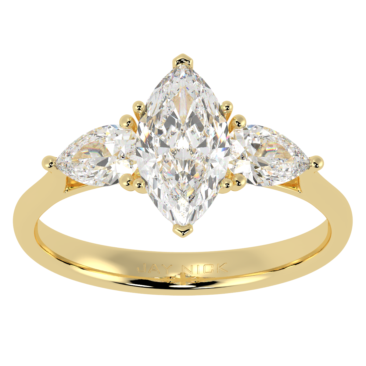 Marquise &amp; Pear Three Stone Ring in yellow gold, top view