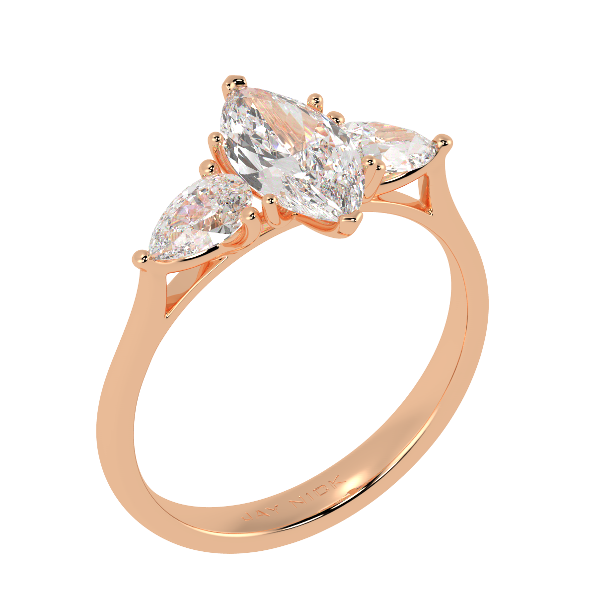 Marquise &amp; Pear Three Stone Ring in rose gold, perspective view