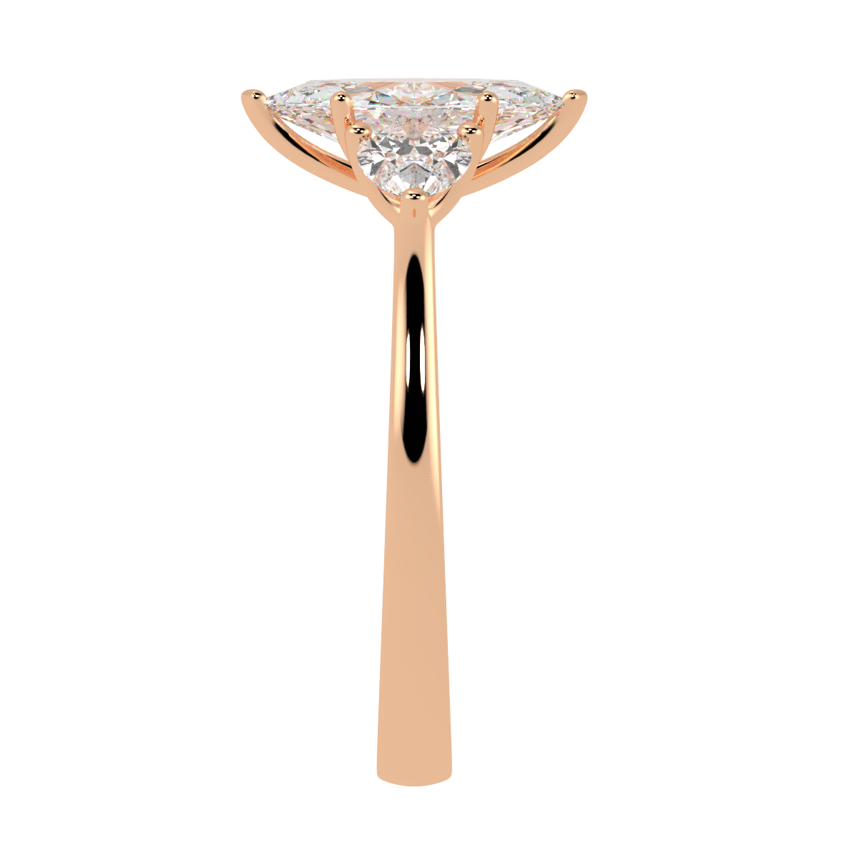 Marquise &amp; Pear Three Stone Ring in rose gold, side view
