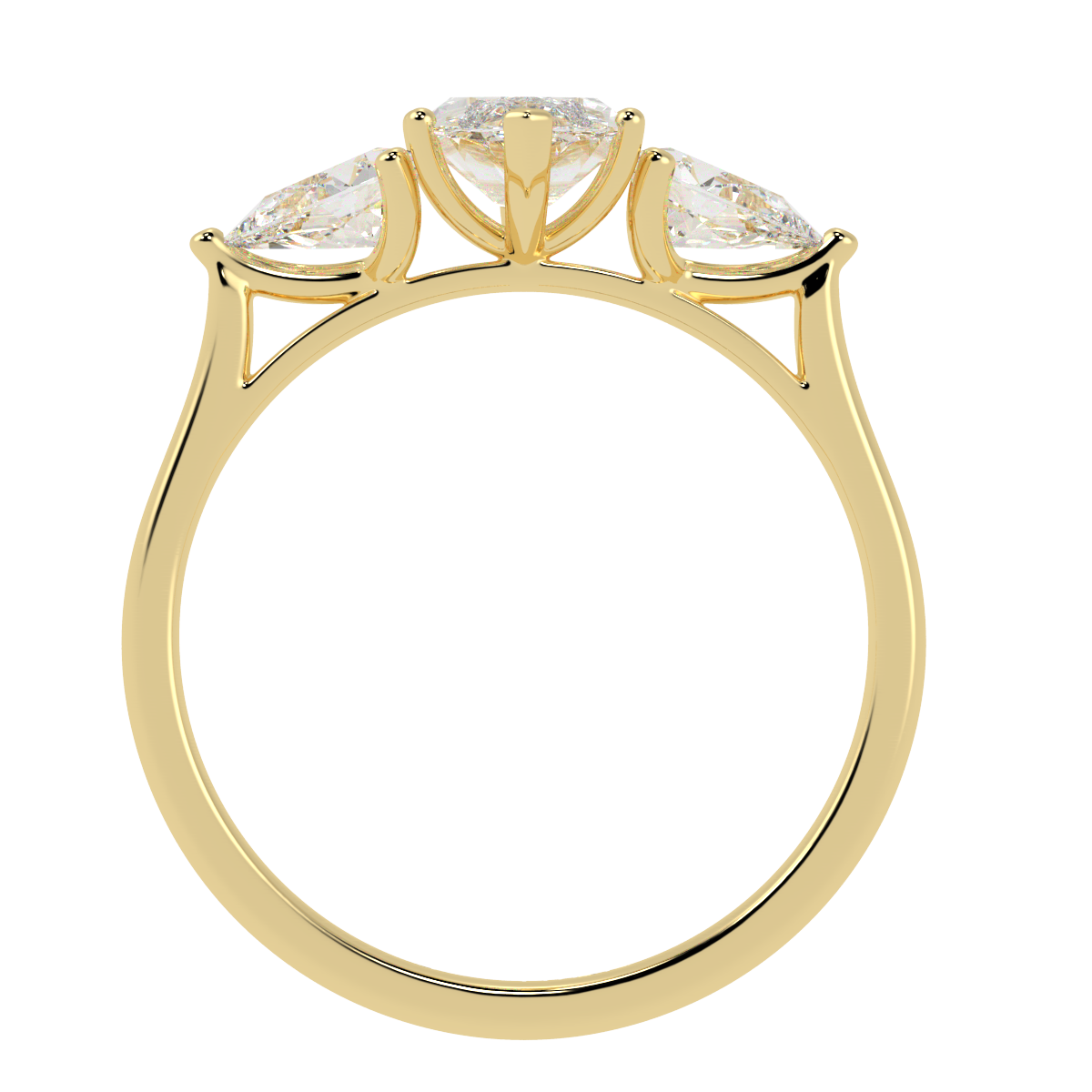 Marquise &amp; Pear Three Stone Ring in yellow gold, flat view