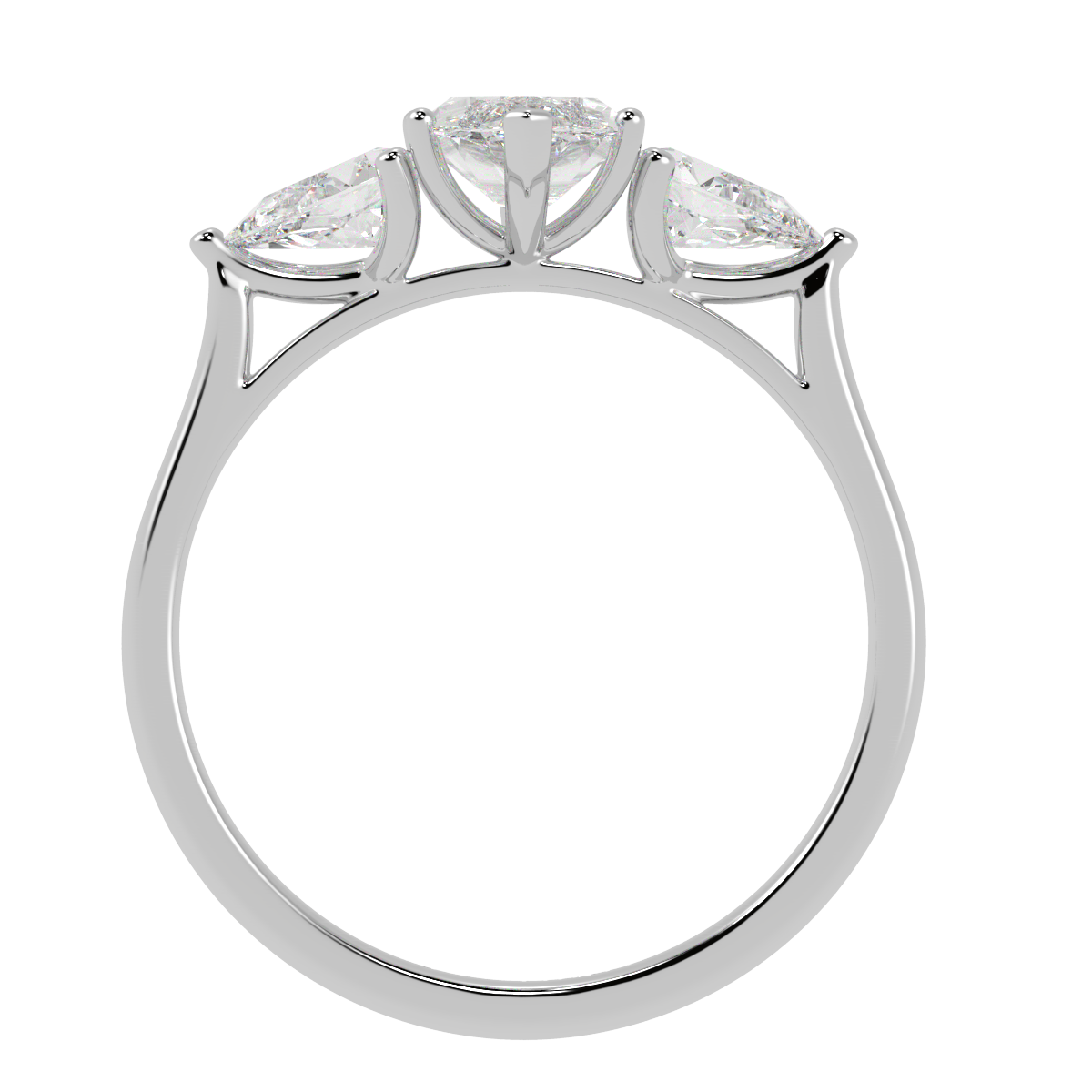 Marquise &amp; Pear Three Stone Ring in white gold or platinum, flat view