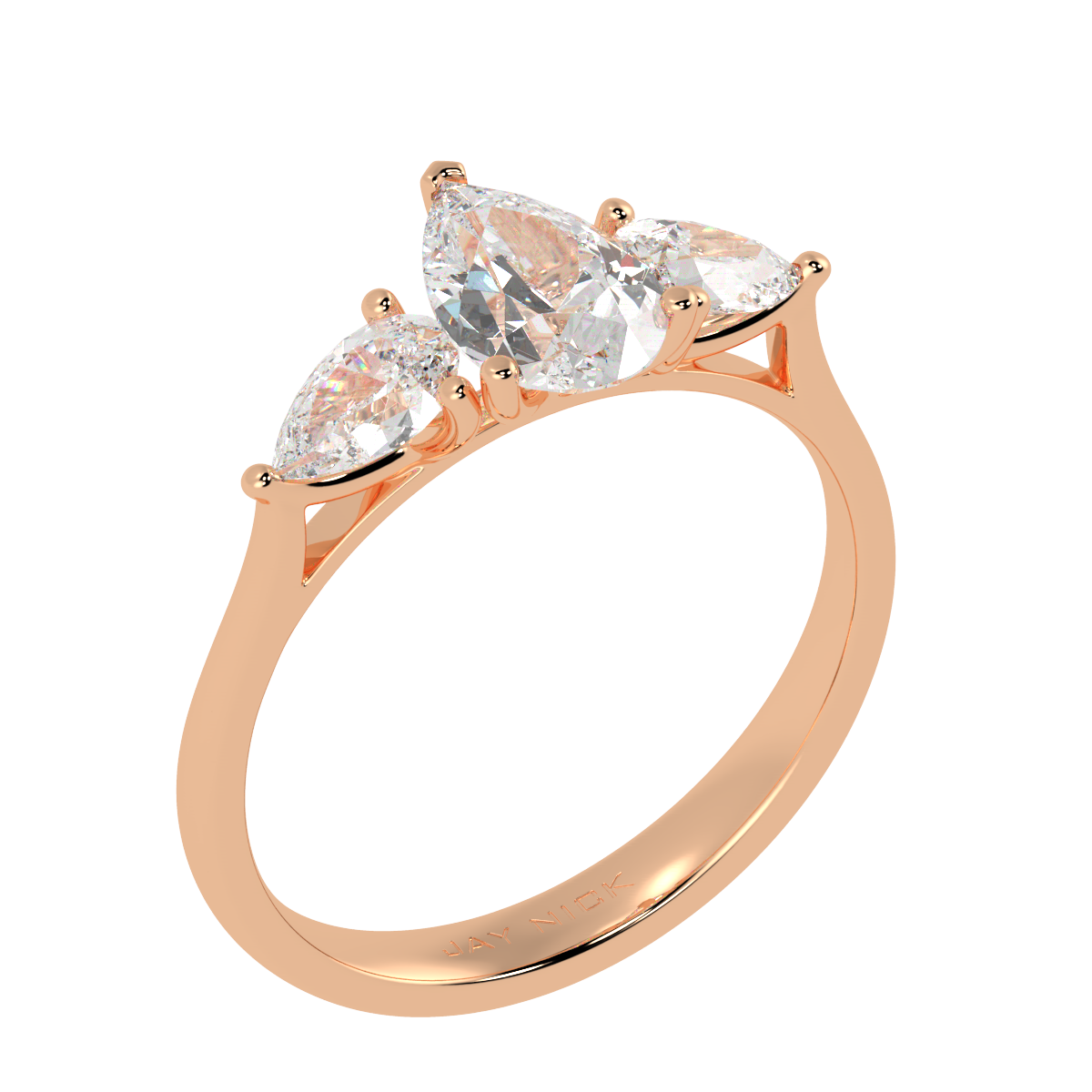Pear Cut Three Stone Ring in rose gold, perspective view