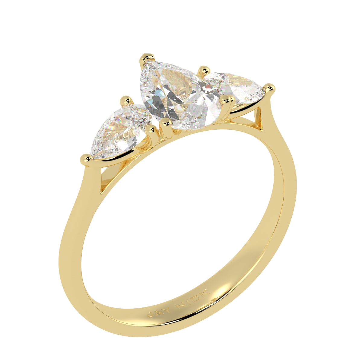Pear Cut Three Stone Ring in yellow gold, perspective view