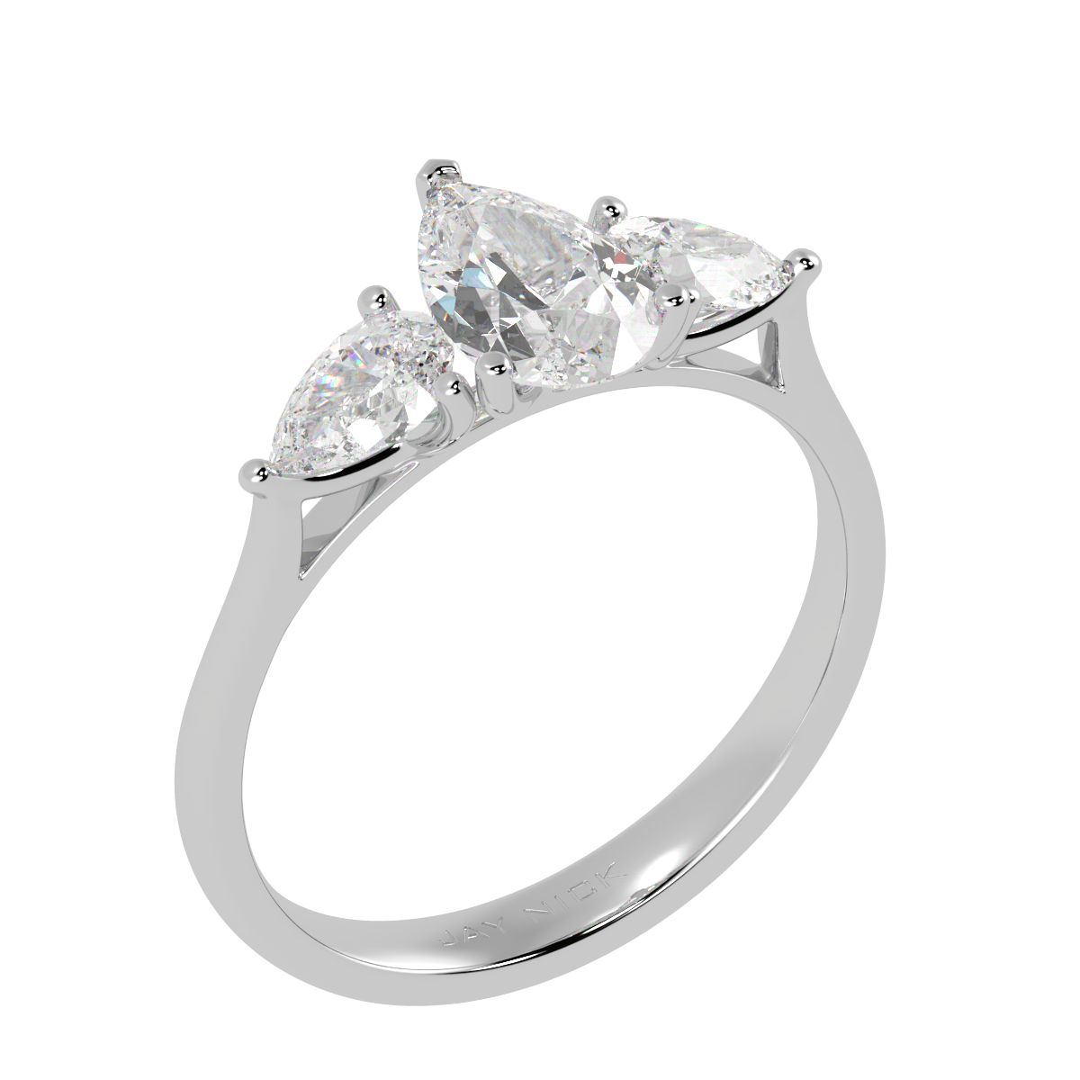 Pear Cut Three Stone Ring in white gold or platinum, perspective view