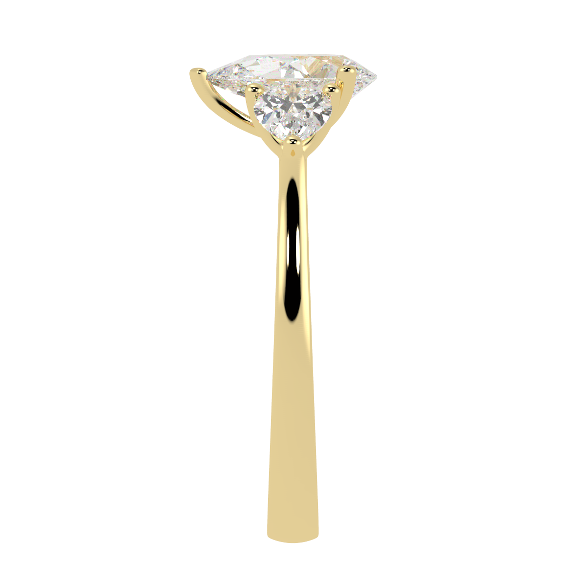Pear Cut Three Stone Ring in yellow gold, side view