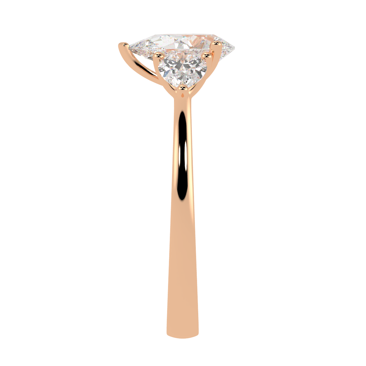 Pear Cut Three Stone Ring in rose gold, side view