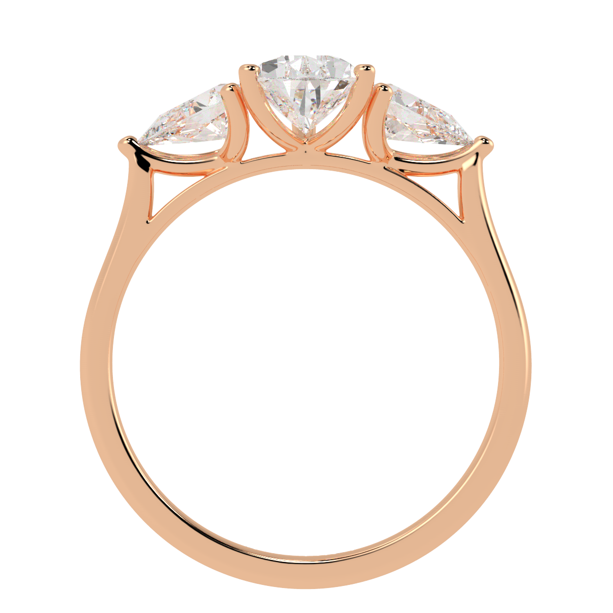 Pear Cut Three Stone Ring in rose gold, flat view