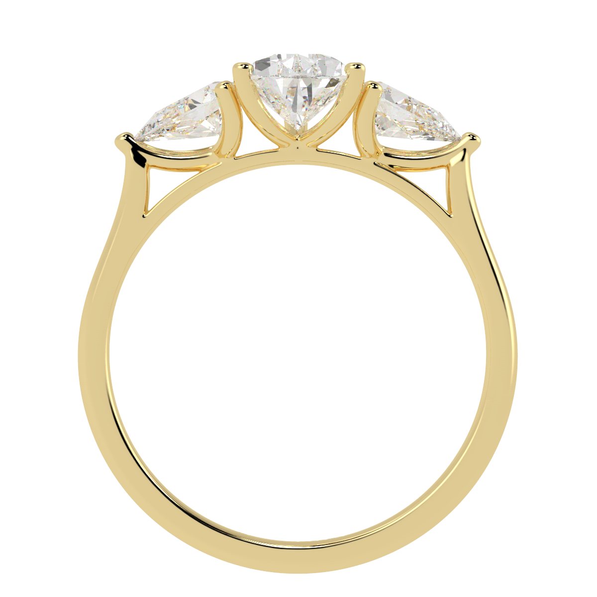 Pear Cut Three Stone Ring in yellow gold, flat view