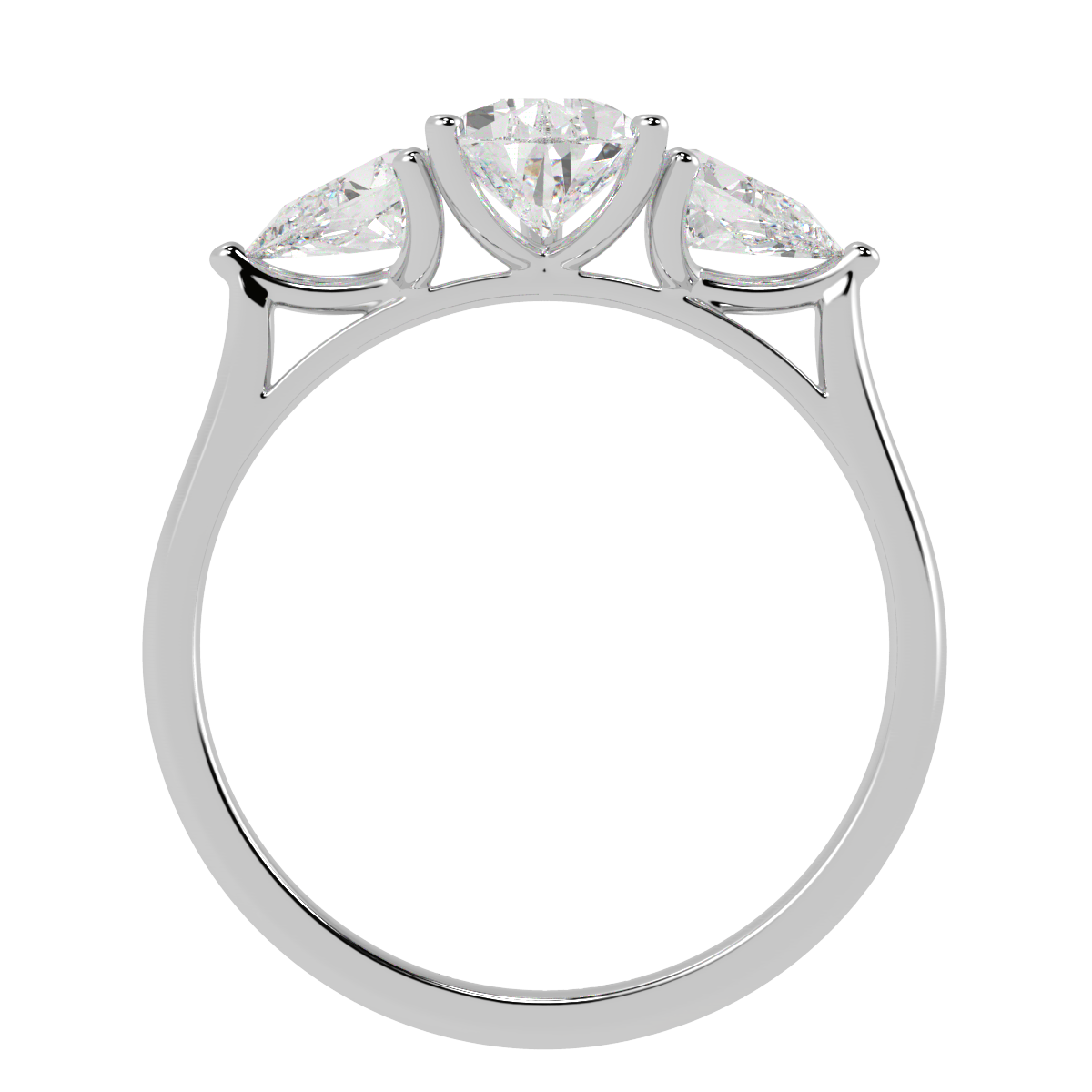 Pear Cut Three Stone Ring in white gold or platinum, flat view