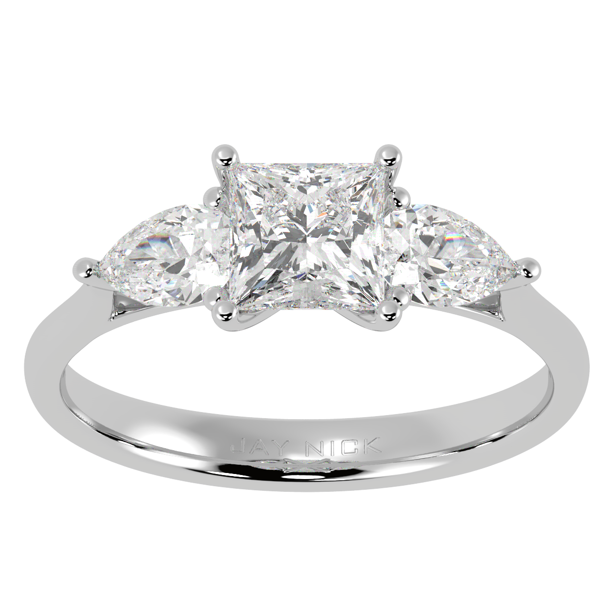 Princess &amp; Pear Three Stone Ring in white gold or platinum, top view