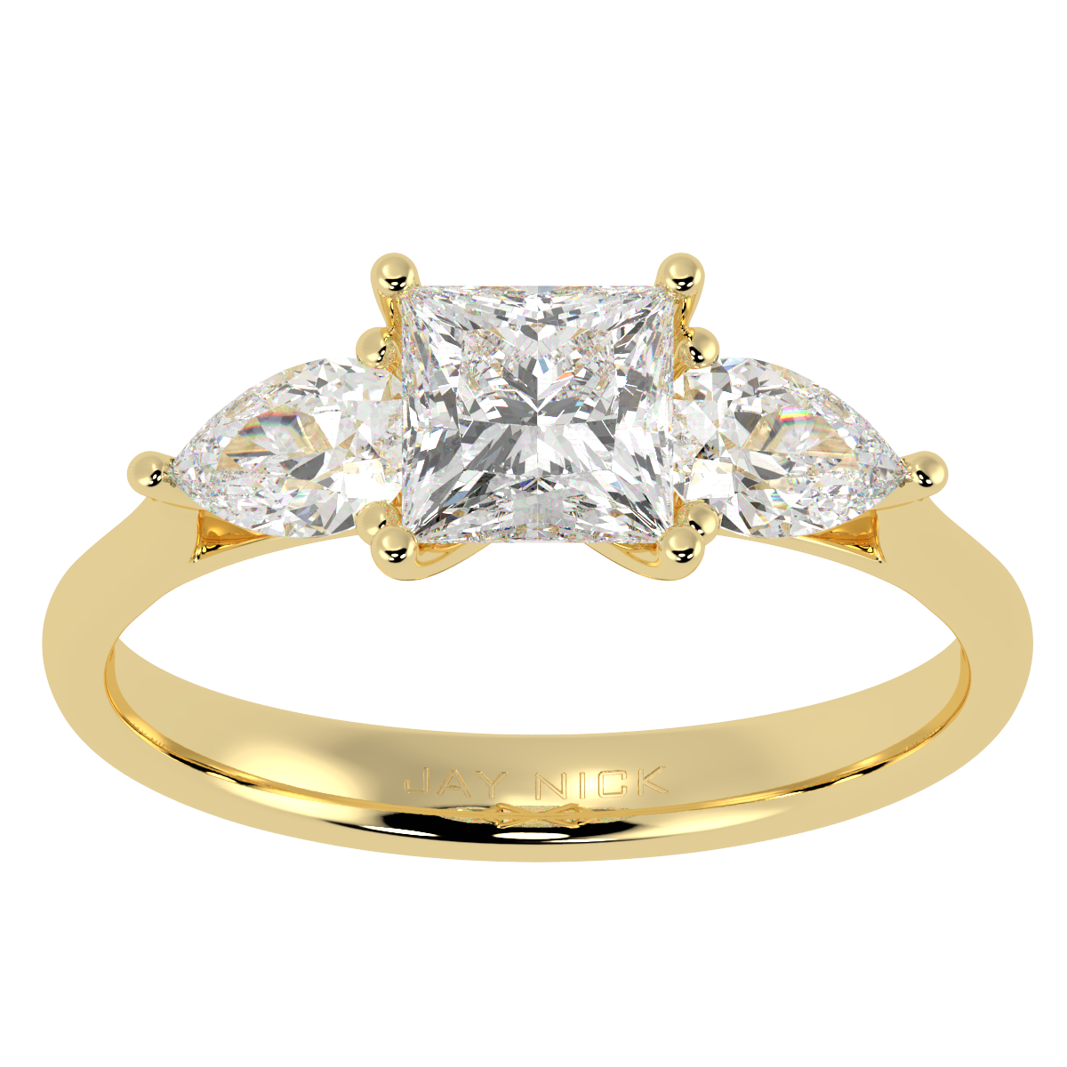 Princess &amp; Pear Three Stone Ring in yellow gold, top view