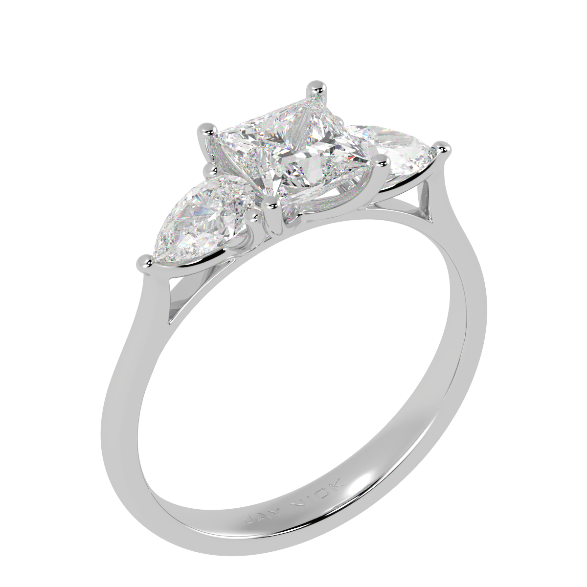 Princess &amp; Pear Three Stone Ring in white gold or platinum, perspective view