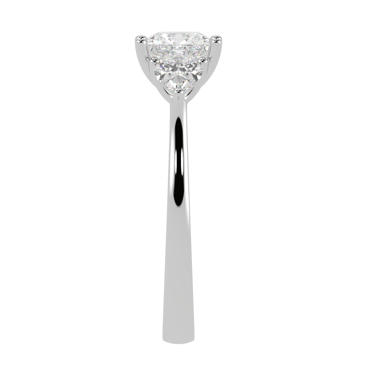 Princess &amp; Pear Three Stone Ring in white gold or platinum, side view